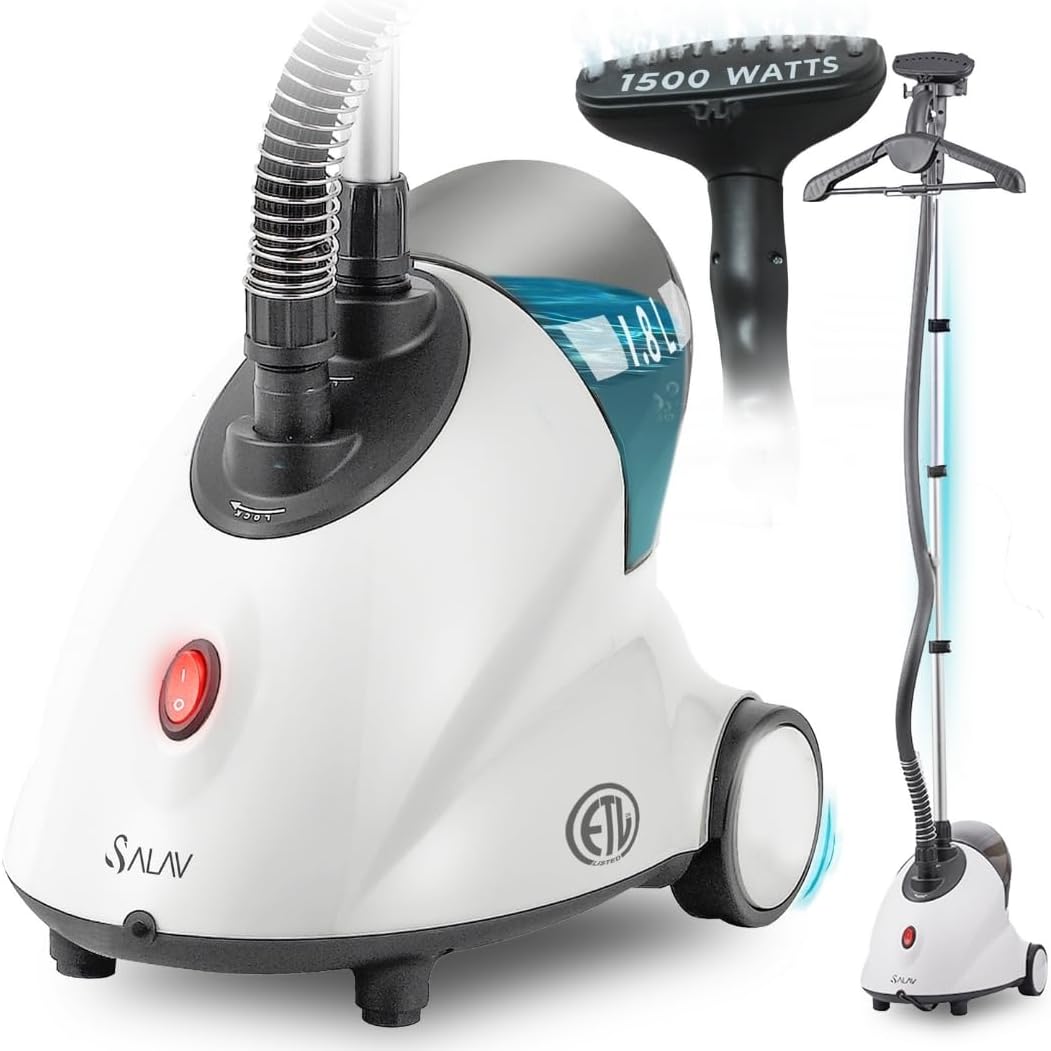 SALAV GS18-DJ Professional Standing Clothes Steamer w/Roll Wheels for Easy Movement, 1.8L Water Tank for 1 Hour Continuous Steaming, Adjustable Pole for Storage, Includes Descaler Packet, 1500 watts