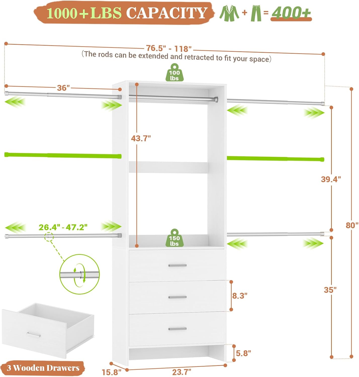 Aheaplus Closet System, 4.2-9Ft Closet Organizer with with 4 Rods, White - Image 7