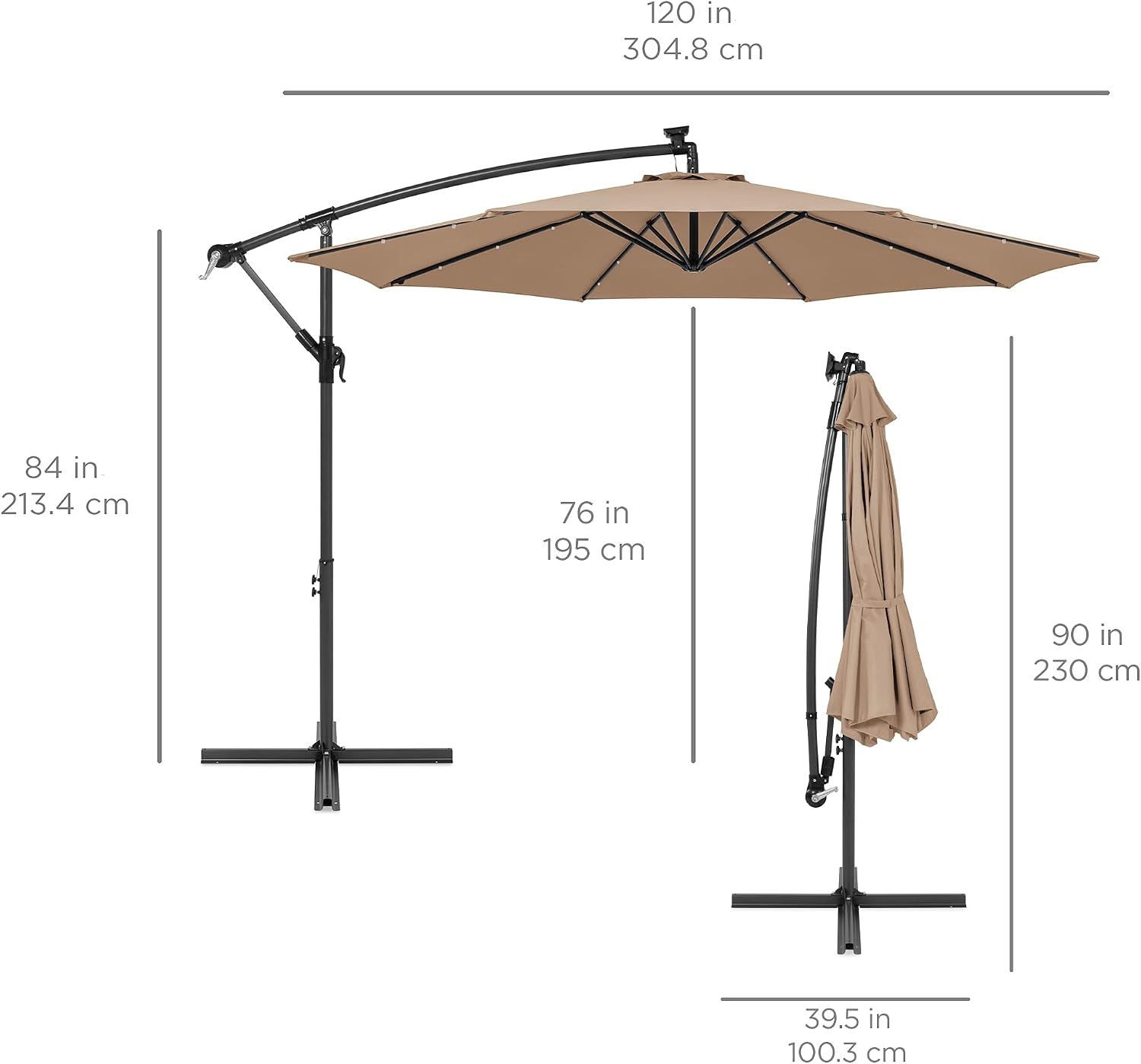 Best Choice Products 10ft Solar LED Offset Cantilever Hanging Market Patio Umbrella, 8 Sturdy Ribs, Easy Adjustment - Tan - Image 7