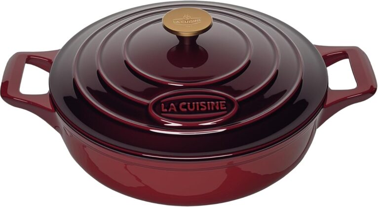 La Cuisine Enameled Cast Iron Braiser Sauté Pan Shallow Dutch Oven with Golden Knob for Lid Internal Matt Black Enamel 3.75 QT 11" / 28cm Ø Oven-Safe 550°F/276°C, Cranberry