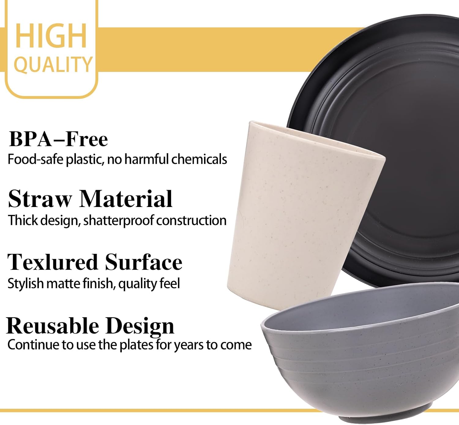 Rubtlamp Wheat Straw Dinnerware Sets, 16PCS Plastic Dinnerware Set for 4, Wheat Straw Plates and Bowls Sets, Unbreakable Dinnerware Plastic Microwave Safe Dishes Set for Kitchen&Camping - Image 7