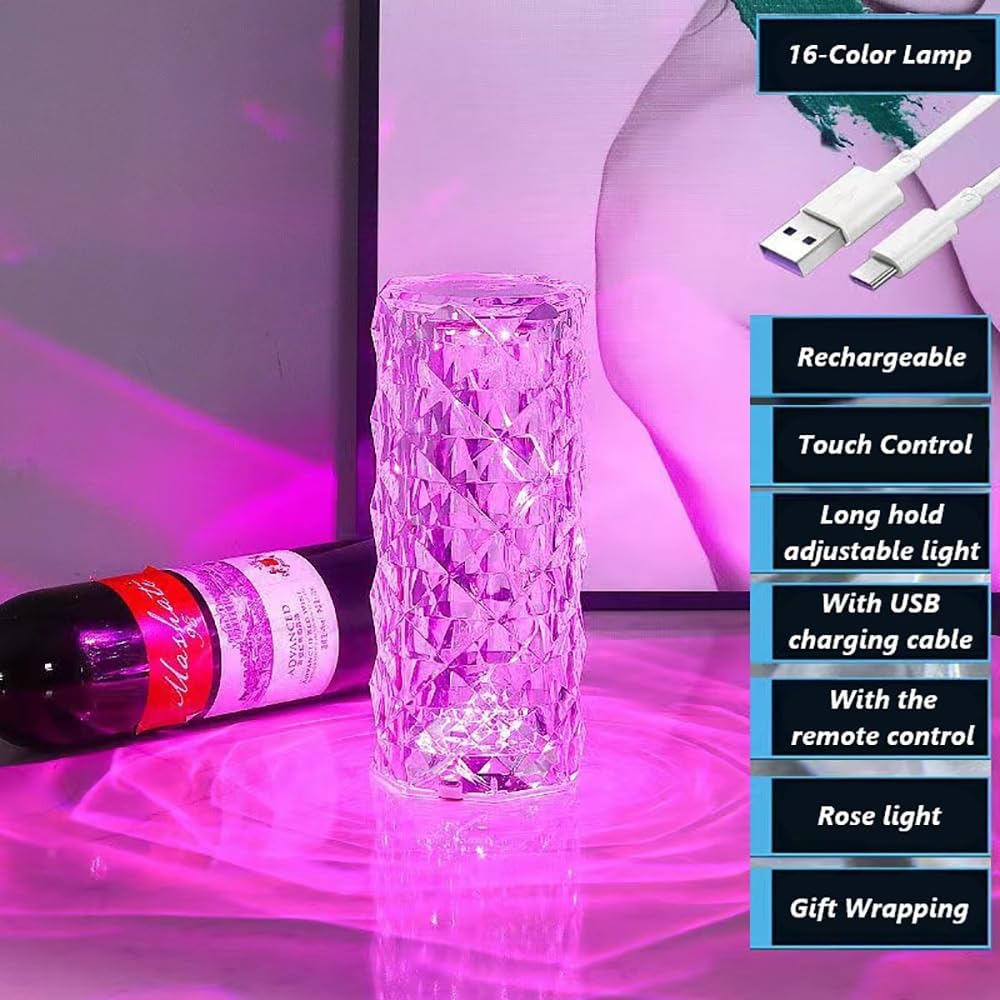 Portable Crystal Table Lamp,16 Color Touch Control Rechargeable Lamp,Crystal Bedside Lamp,Night Light,Room Decor Desk Lamp,Bedroom,Living Room,Kitchen,Dining Room Lamp(Blue) - Image 4
