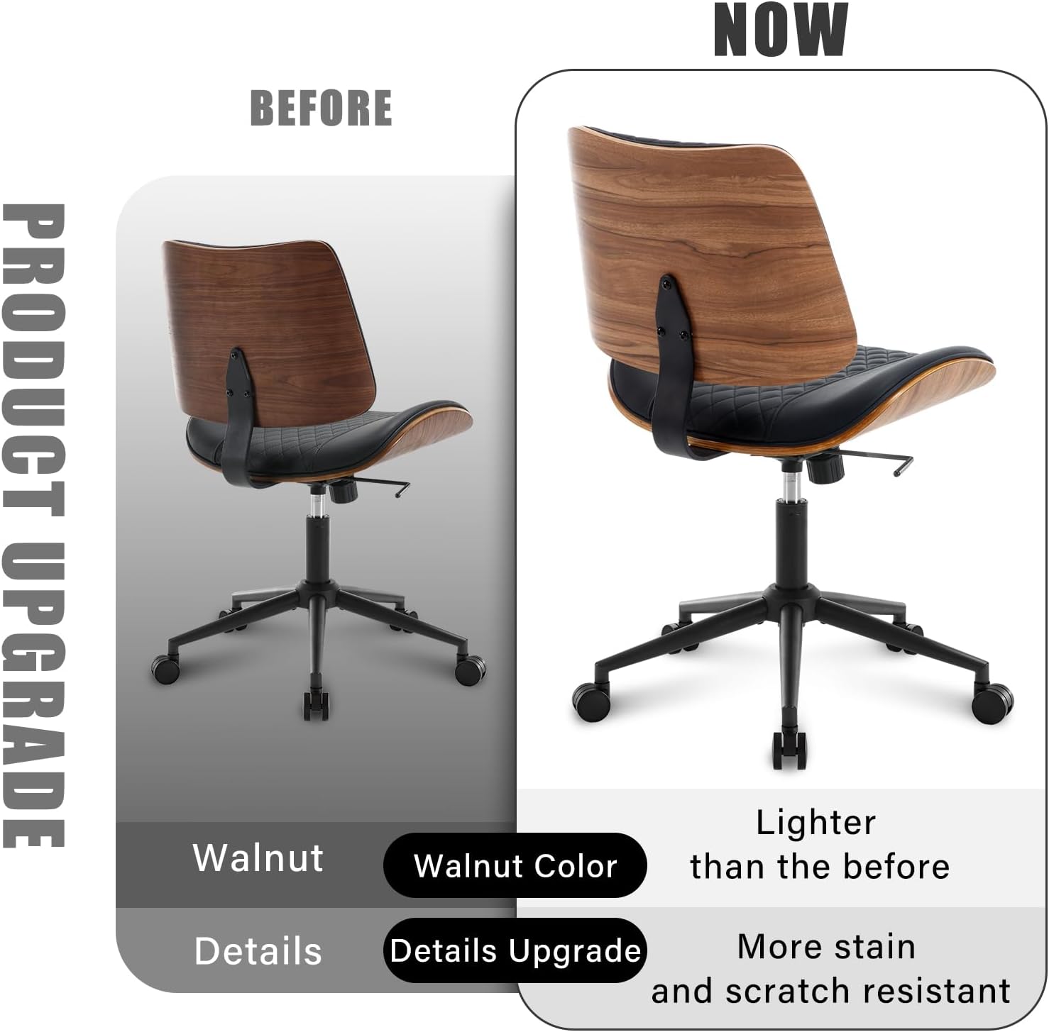 Home Office Chair No Arms with Wheels, Mid Back Walnut Style, Black - Image 9
