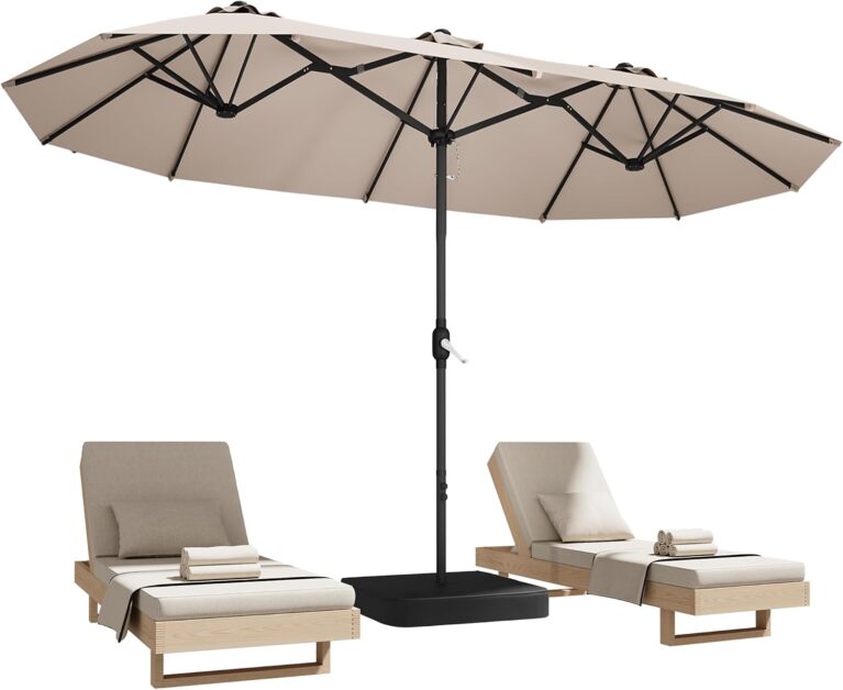 15ft Patio Umbrella with Base,Large Double-Sided Rectangular Umbrella,Beige