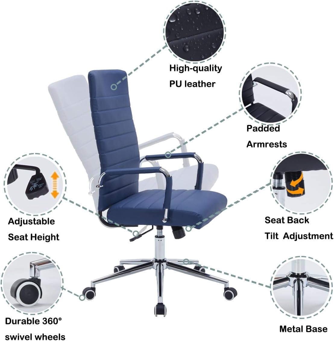 Navy Blue Leather Ribbed Office High-Back Desk Conference Chair with Wheels - Image 6