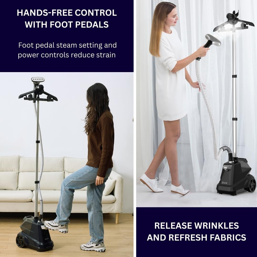 SALAV Commercial-Grade Standing Garment Steamer for Clothes with Auto-Off Safety 1800W Powerful Steam X-Large 3L Water Tank, 90-Min Continuous Use, Pedal-Control System, Beeps when Out of Water, Navy - Image 6
