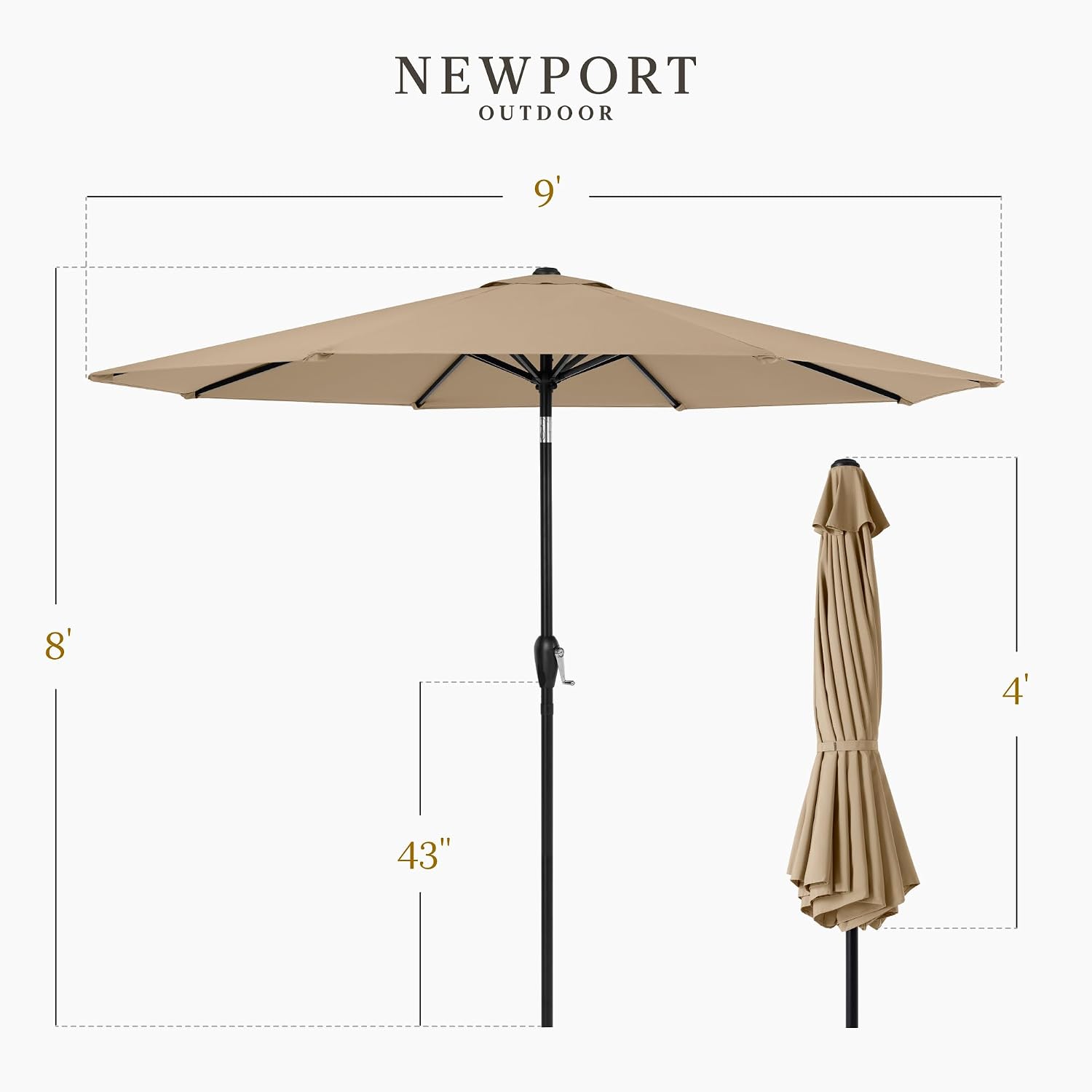 9ft Commercial Grade Patio Umbrella, 5-Year Fade Resistant 260 GSM Polyester Canopy, Rustproof Aluminum Frame, Smooth Tilt & Crank for Patio, Restaurant, Pool & Deck - Tan - Image 2
