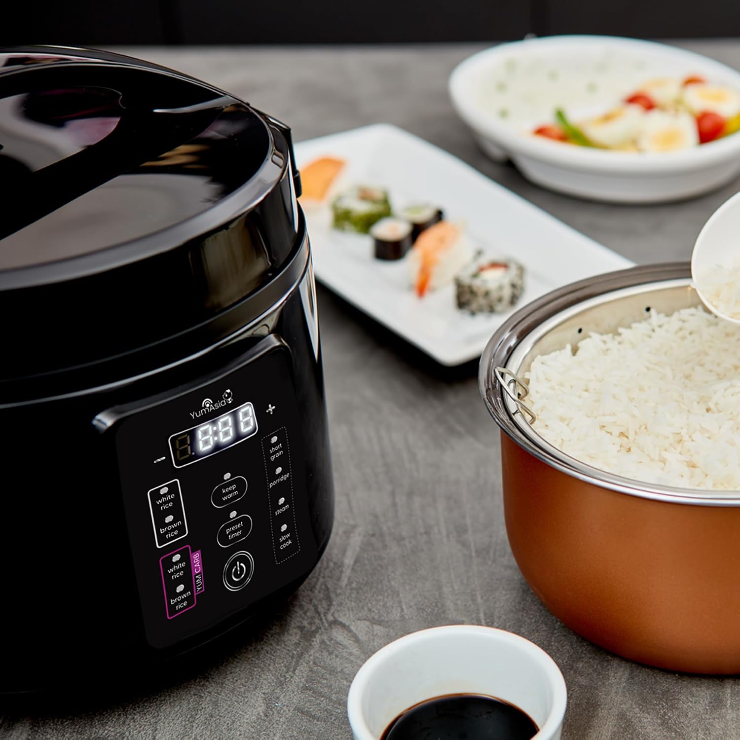 Yum Asia Kumo YumCarb Rice Cooker with Ceramic Bowl and Advanced Fuzzy Logic, (5.5 Cups, 1 Litre), 5 Rice Cooking Functions, 3 Multicooker Functions, 110V US Power (Dark Stainless Steel) - Image 9