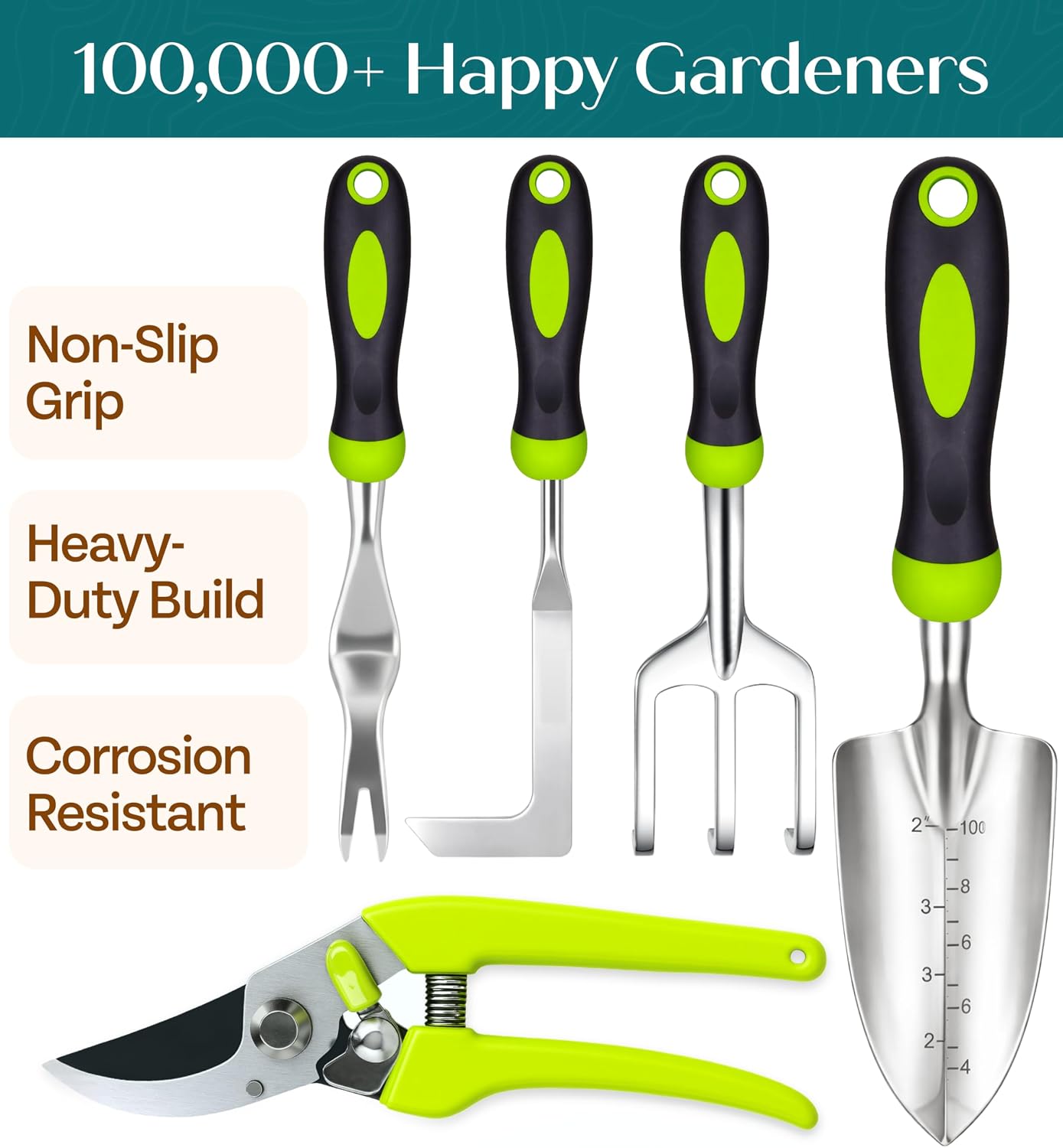 Heavy Duty Gardening Tools - Gardening Gifts for Women, Men, Mom, Dad - Durable, Ergonomic Garden Tools Set (Green) - Image 2