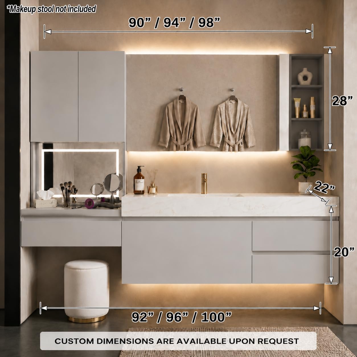 92IN Floating Bath Vanity with Sink, Side Cabinet, Makeup Area, Light Grey - Image 2