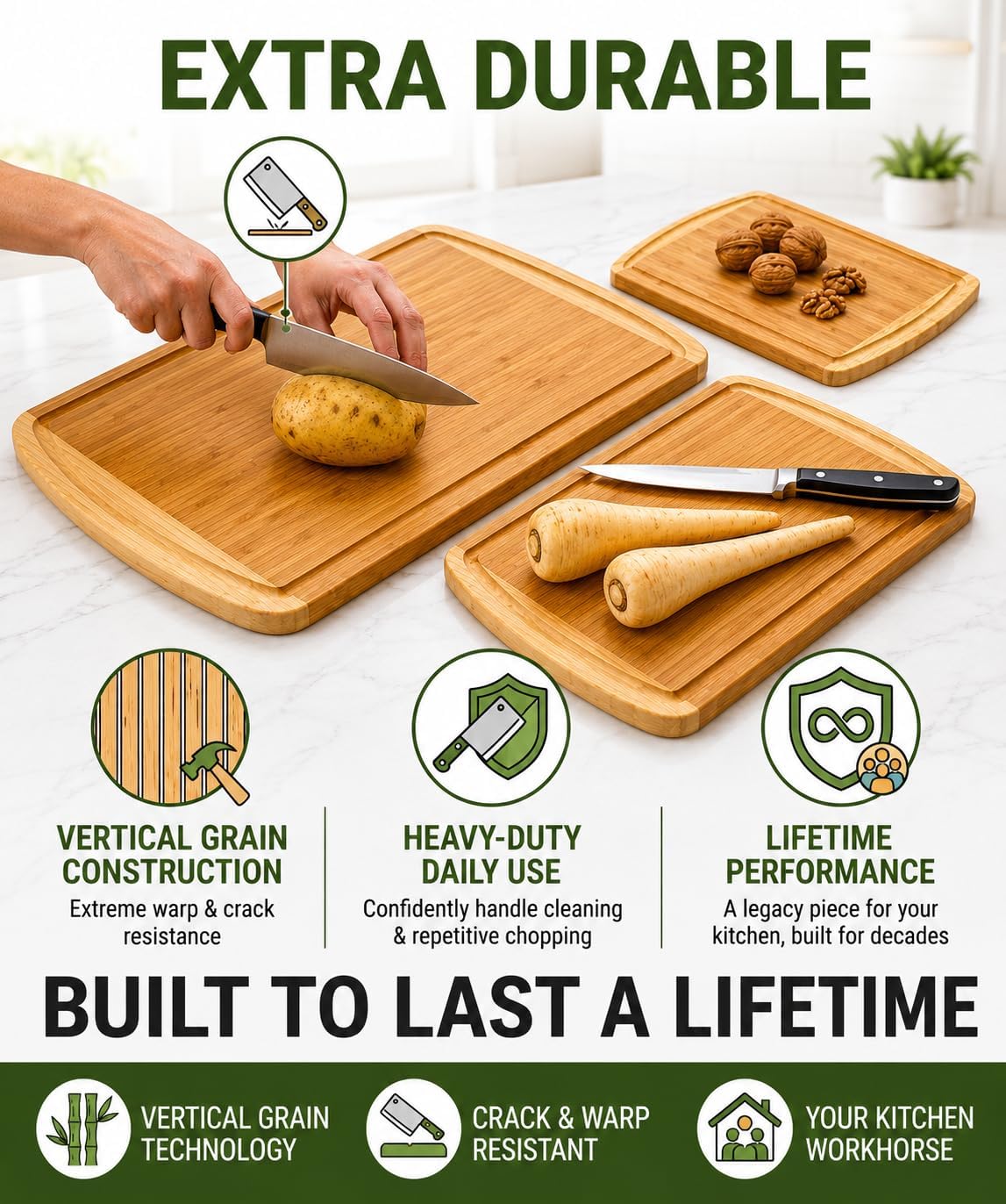 INDESTRUCTIBLE Extra Large Bamboo Cutting Board Set of 3 with Vertical Grain Strength Technology - XL Wood Cutting Boards for Kitchen and Lightweight Chopping Board Set - Replacements for Life - Image 4
