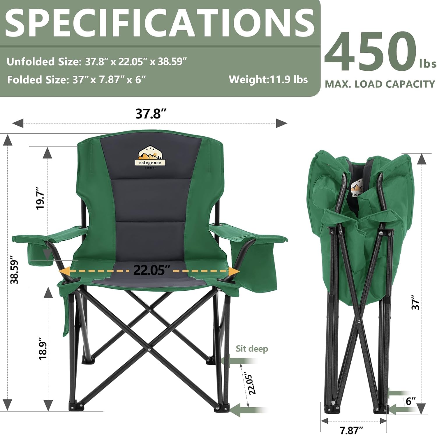 Colegence Oversized Heavy Duty Camping Chairs, 2 Pack, 450 lb, Green - Image 3