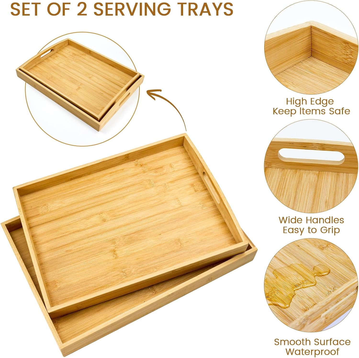 GOLD HONEY Bamboo Serving Tray with Handles, Wooden Serving Tray Set of 2 - Image 3