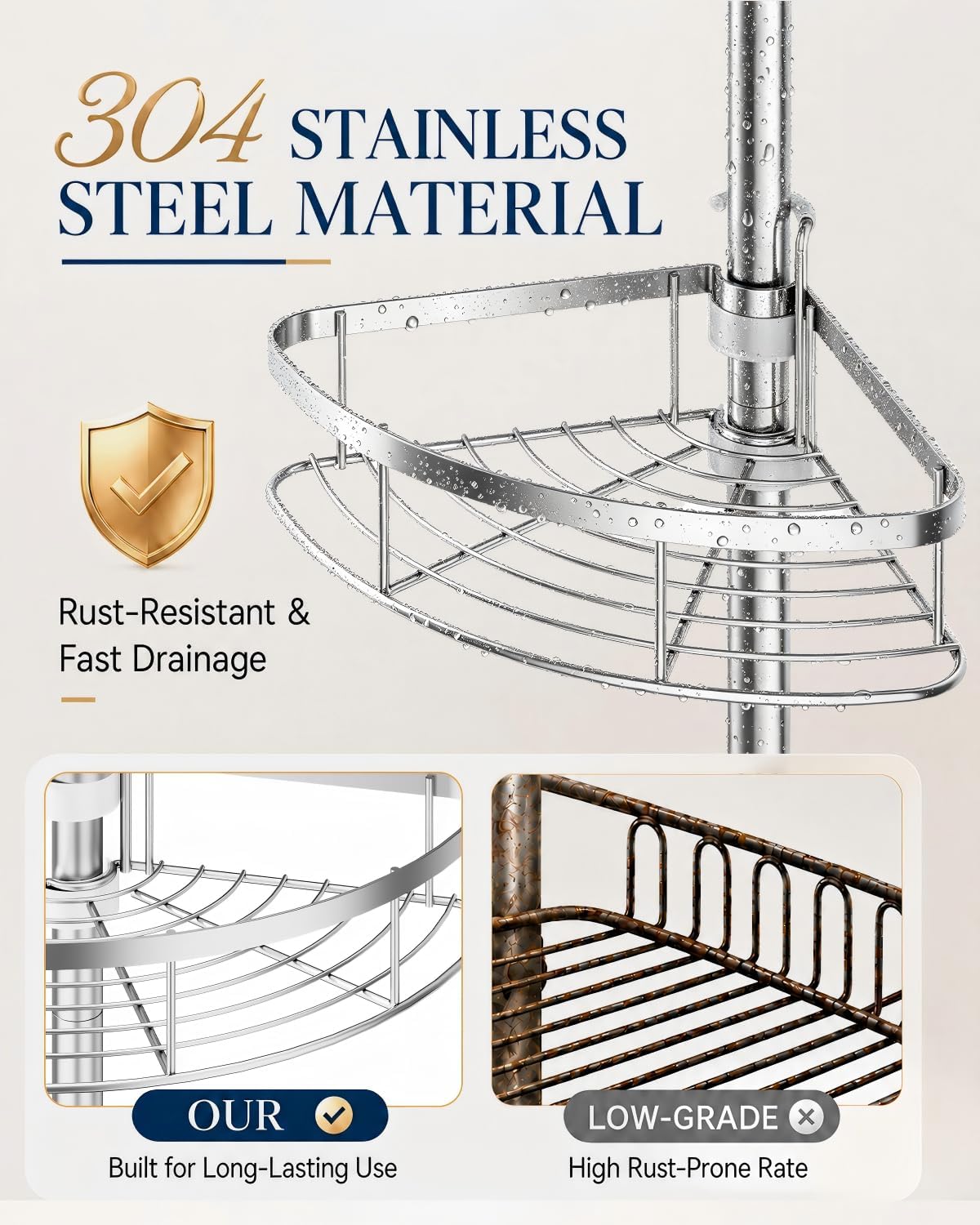 SEIRIONE Rustproof Corner Shower Caddy Tension Pole for Bathroom Organizers - Image 5