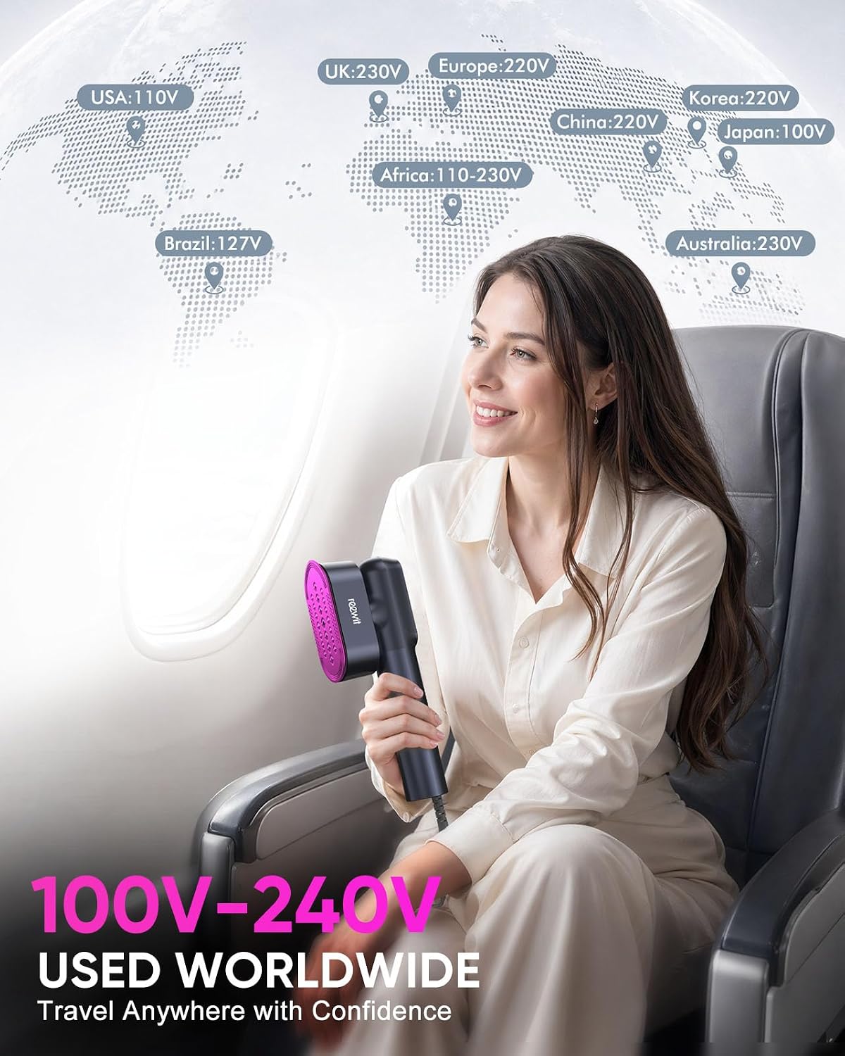 Travel Steamer for Clothes,100-240V Travel Steamer & Iron 2 in 1 with Fast Heat-Up,1200W Portable Handheld Garment Steamer,Travel Size,Large Heat Panel,Fabric Quick Wrinkle Remover for Global & Europe - Image 3