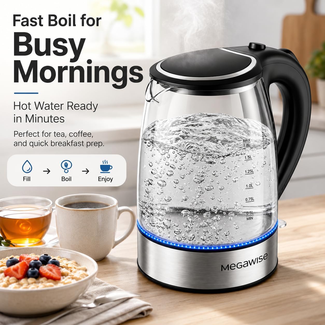 MEGAWISE 1.8 L Glass Electric Kettle, 1000W, Auto Shut-Off, Black - Image 3