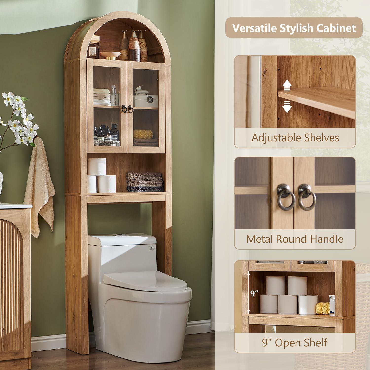 IFGET Arched Over The Toilet Storage Cabinet with Acrylic Doors,Natural Oak - Image 5