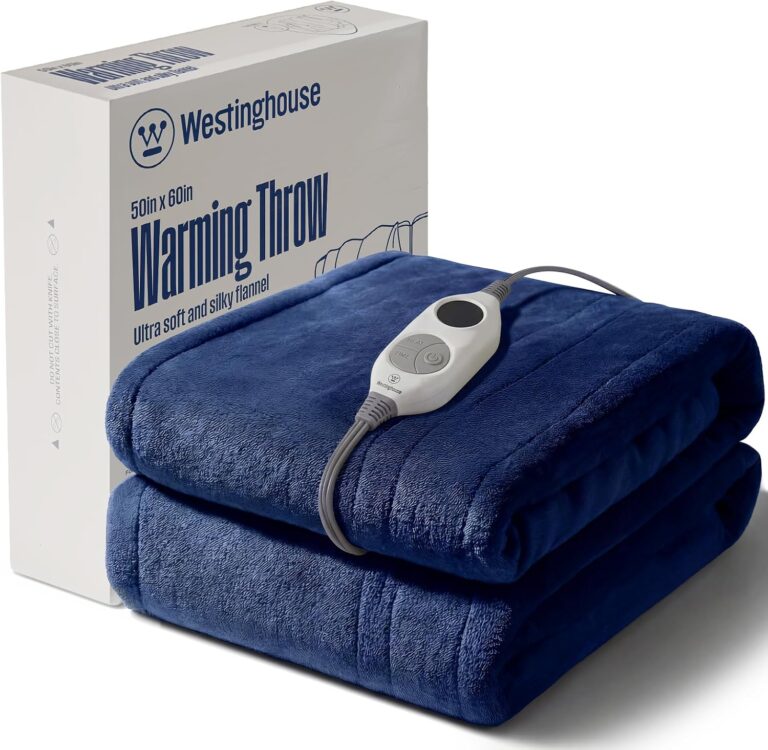 Westinghouse Heated Throw Blanket, Soft Flannel, 6 Levels, Navy