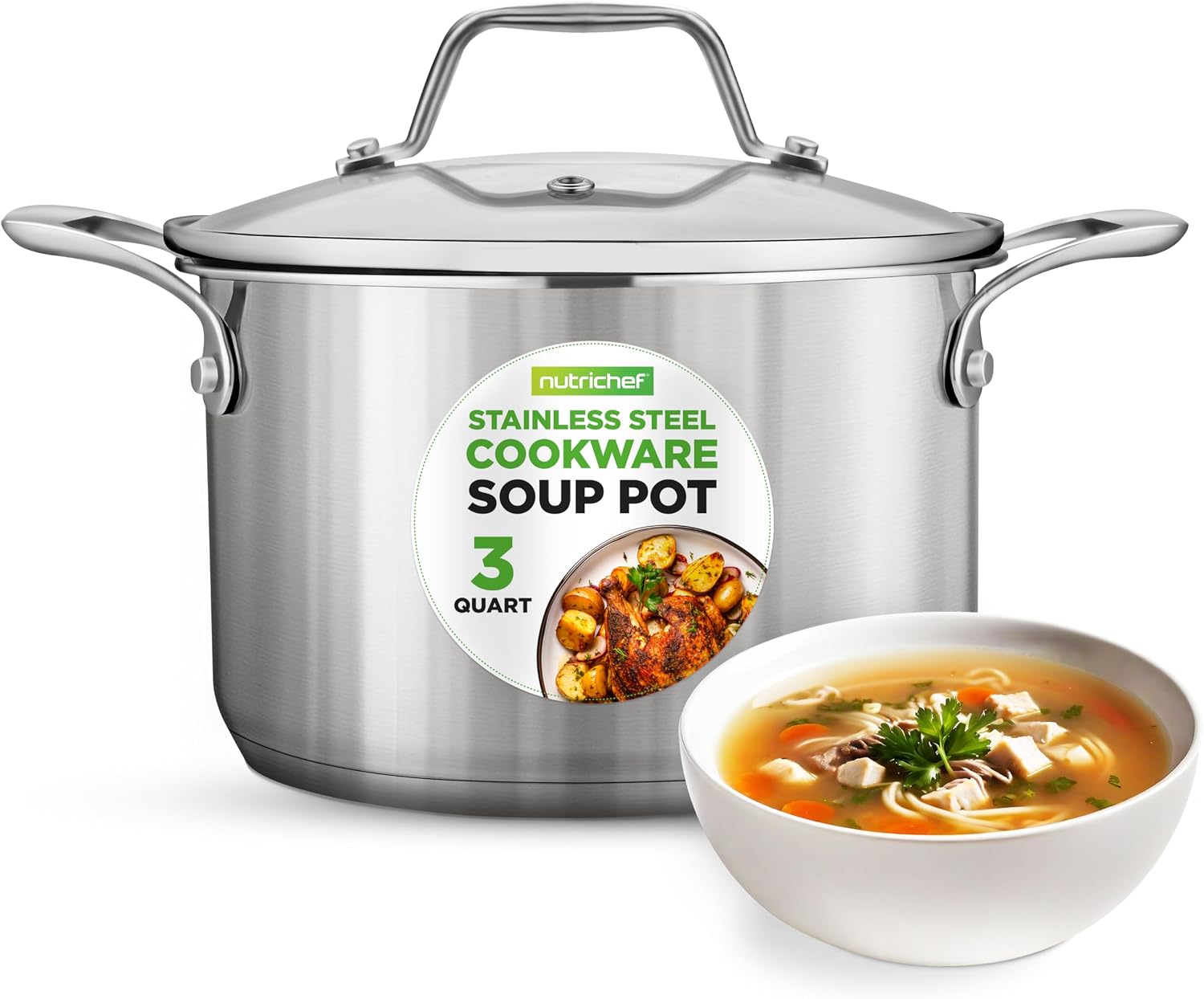 NutriChef 3-Quart Stainless Steel Soup Pot - 18/8 Food Grade Heavy Duty Cookware, Stock Pot, Stew Pot, Simmering Pot Kitchenware w/See Through Lid, Dishwasher Safe, For Induction Gas Ceramic Cooktops