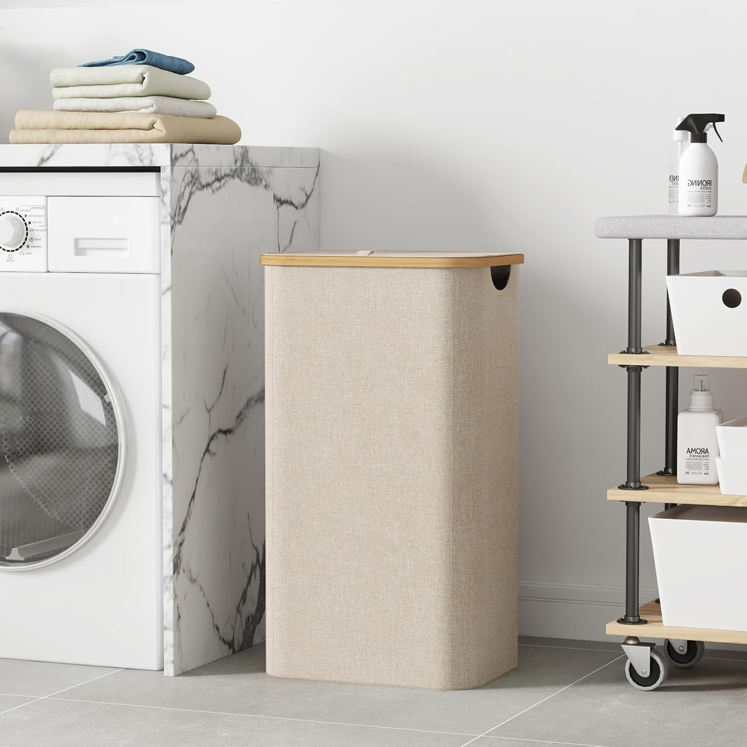 Lifewit 105L Large Laundry Basket with Lid, Removable Bags, Beige - Image 8