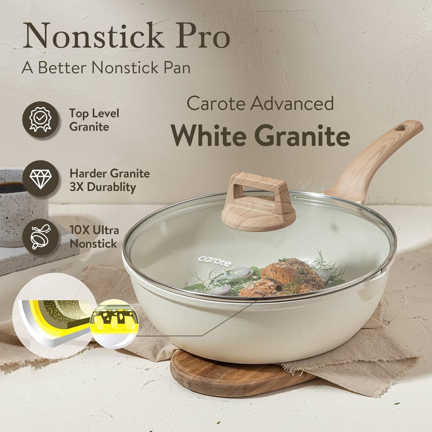 CAROTE 12 Inch Nonstick Deep Frying Pan with Lid, 5.5 Qt White Granite - Image 7
