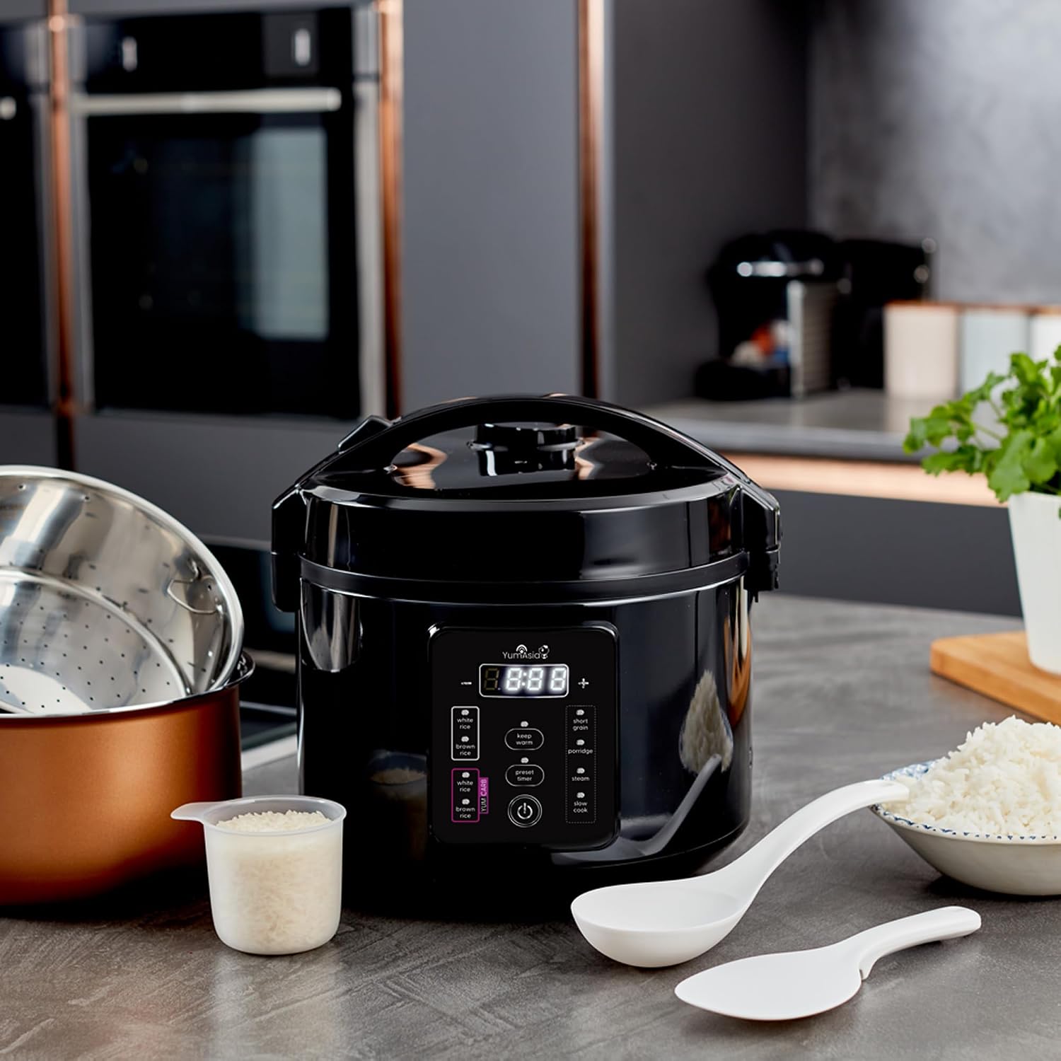 Yum Asia Kumo YumCarb Rice Cooker with Ceramic Bowl and Advanced Fuzzy Logic, (5.5 Cups, 1 Litre), 5 Rice Cooking Functions, 3 Multicooker Functions, 110V US Power (Dark Stainless Steel) - Image 7