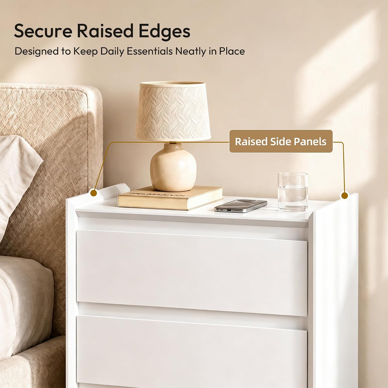 White Nightstand with Charging Station, 24" H, 3-Drawer Storage - Image 6