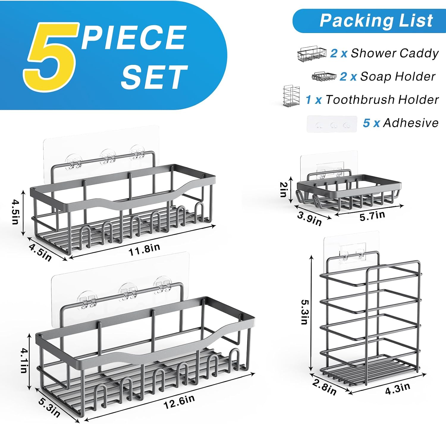 Shower Caddy 5 Pack,Adhesive Shower Organizer for Bathroom Storage&Home Decor&Kitchen,No Drilling,Large Capacity,Rustproof Stainless Steel Bathroom Organizer,Shower Shelves for Inside Shower-Larger - Image 7