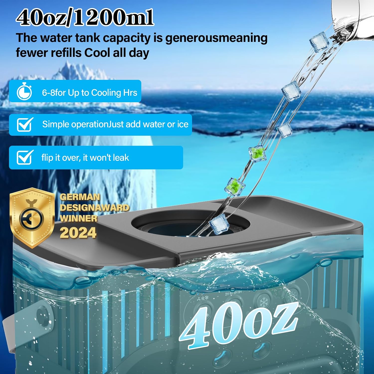 Portable air conditioners with remote control, silent with 3 speeds, cooling fan of 1200 ml Personal Air Cooler Fan with 3 Mist, 7 Night Light, 8H Timer, Small Air Conditioner for Bedroom Office - Image 3