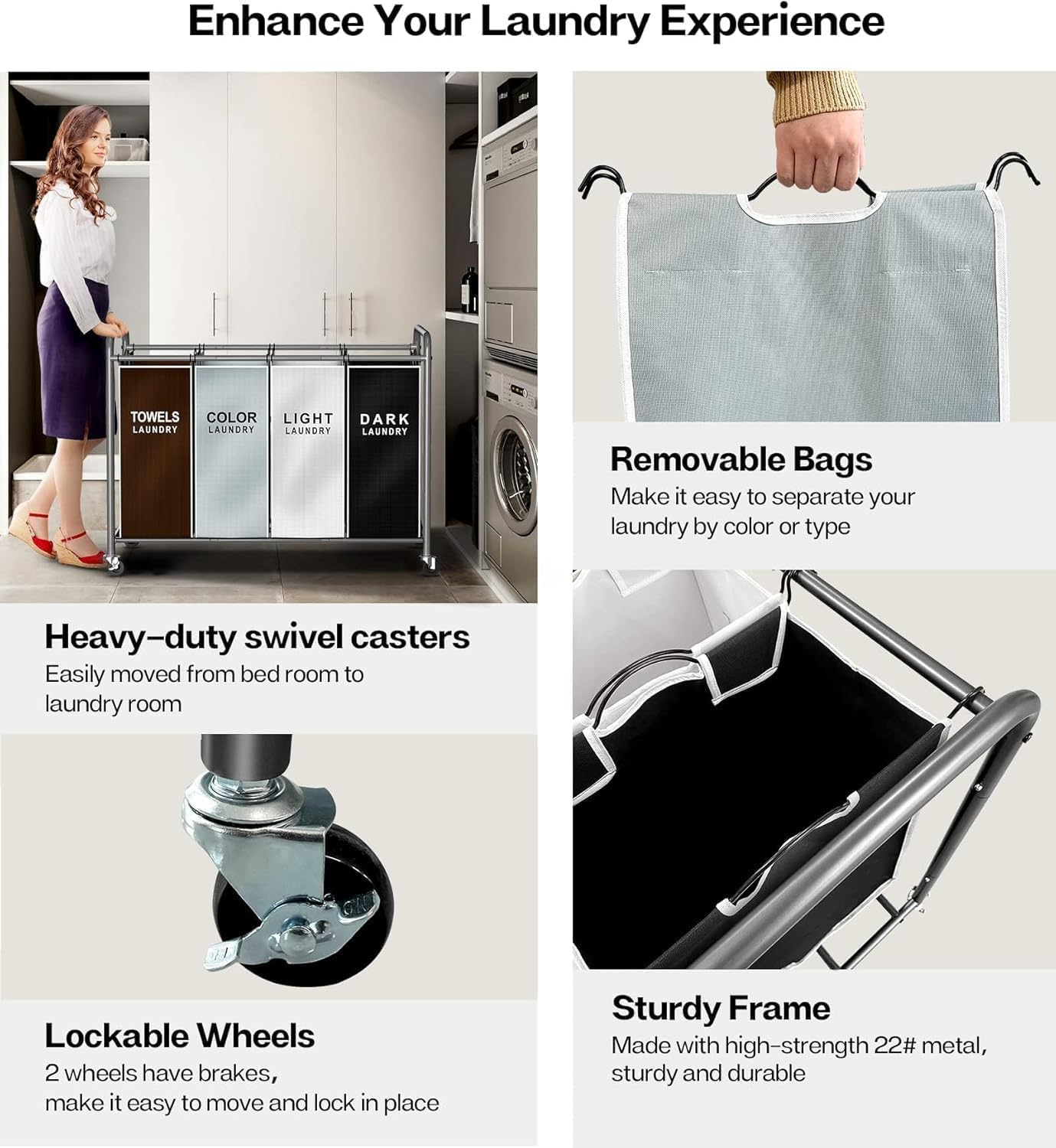 ROMOON Laundry Hamper Sorter Cart, 4-Section Organizer with Lockable Wheels - Image 5
