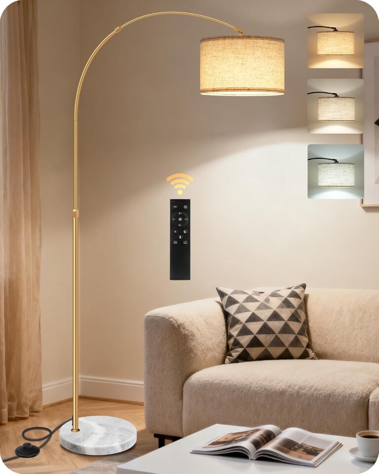 75" Dimmable Gold Arc Floor Lamp with Marble Base, Adjustable Height, Beige
