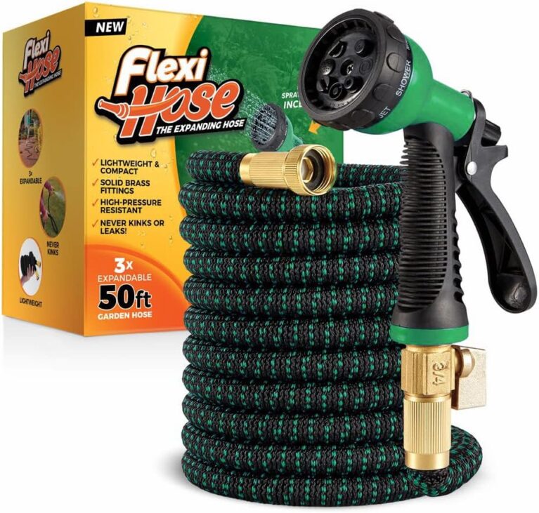 Flexi Hose with 8 Function Nozzle, 50FT - Lightweight Expandable Garden Hose, No-Kink Flexibility, 3/4 Inch Solid Brass Fittings and Double Latex Core - Black and Green