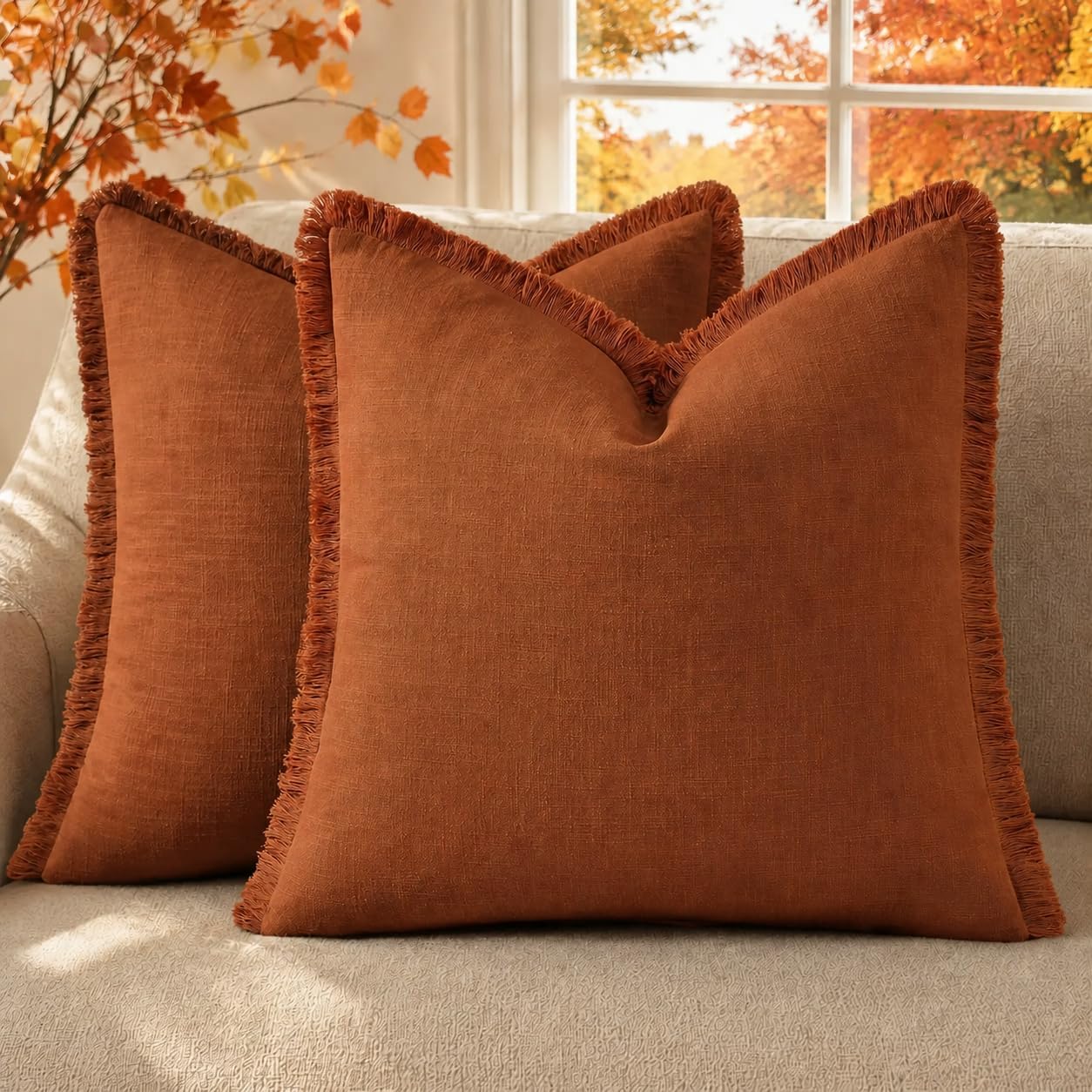 decorUhome Linen Fringe Light Rust Throw Pillow Covers 18x18 Set of 2