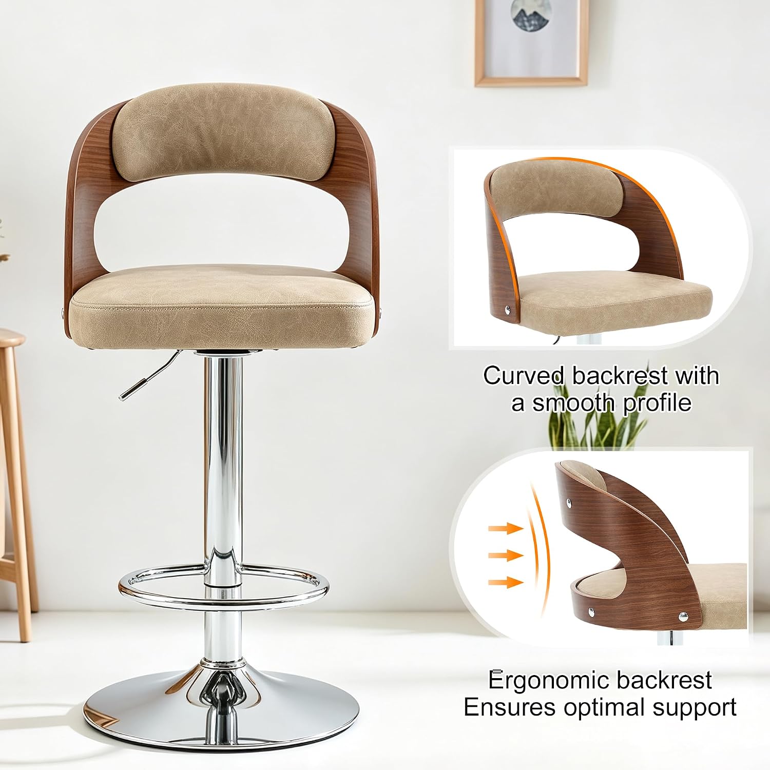 Adjustable Bar Stools Set of 2, Swivel Bar Stools with Back,Beige - Image 4