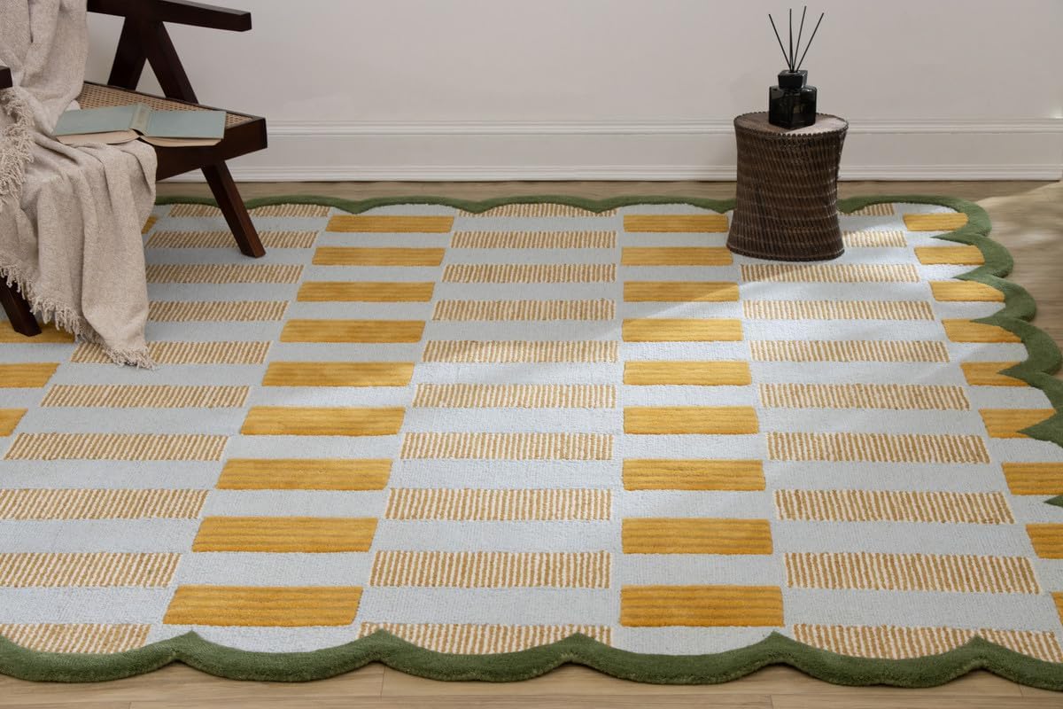 Checkered Hand-Tufted 100% Wool Area Rug - 5x5 Ft, Round Light Blue Base with Mustard and Beige Blocks, Olive Green Scalloped Edge, Cotton Backing Plush Carpet for Bedroom & Nursery - Image 2