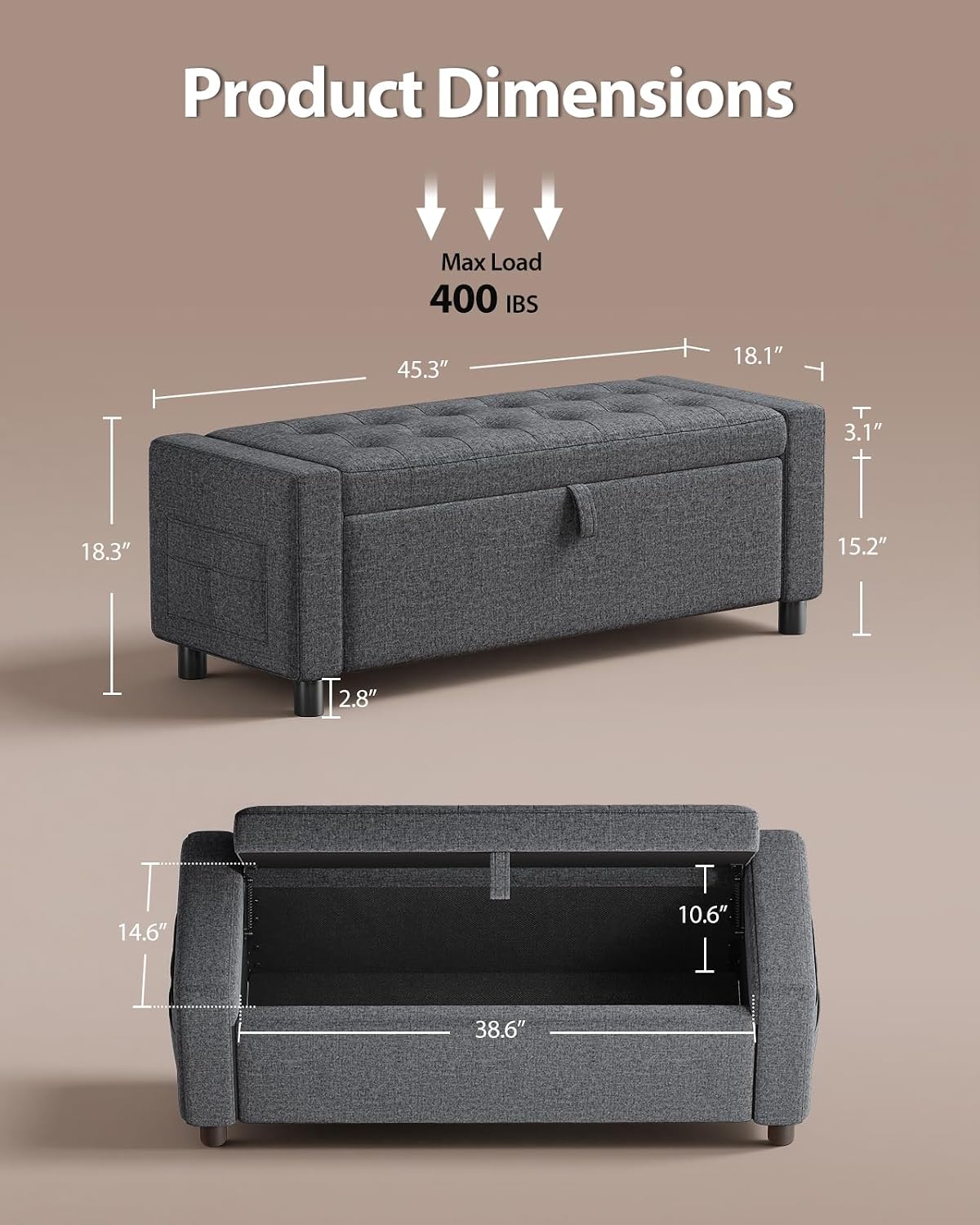Amada 46" Storage Ottoman Bench, Side Pocket, Safety Hinge, Dark Gray - Image 2