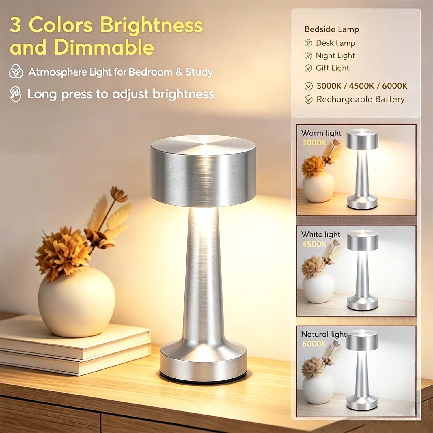 HPUFKOT Portable LED Table Lamp, 3-Levels Brightness Metal Desk Lamp,3 Color Touch Control Rechargeable Lamp, Ideal Bedside Lamp for Nightstand,Bedroom, Living Room (Silver) - Image 3