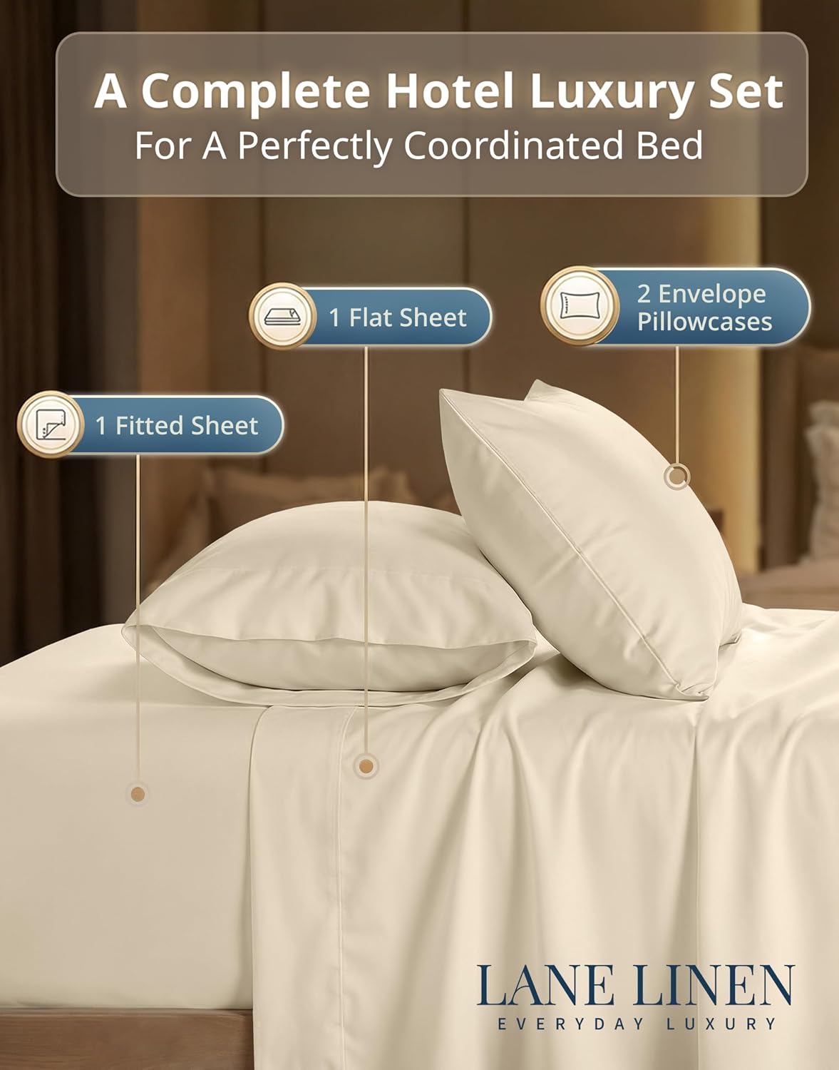 600TC 100% Long-Staple Cotton King Sheets - Smooth Sateen Weave, Ivory - Image 3