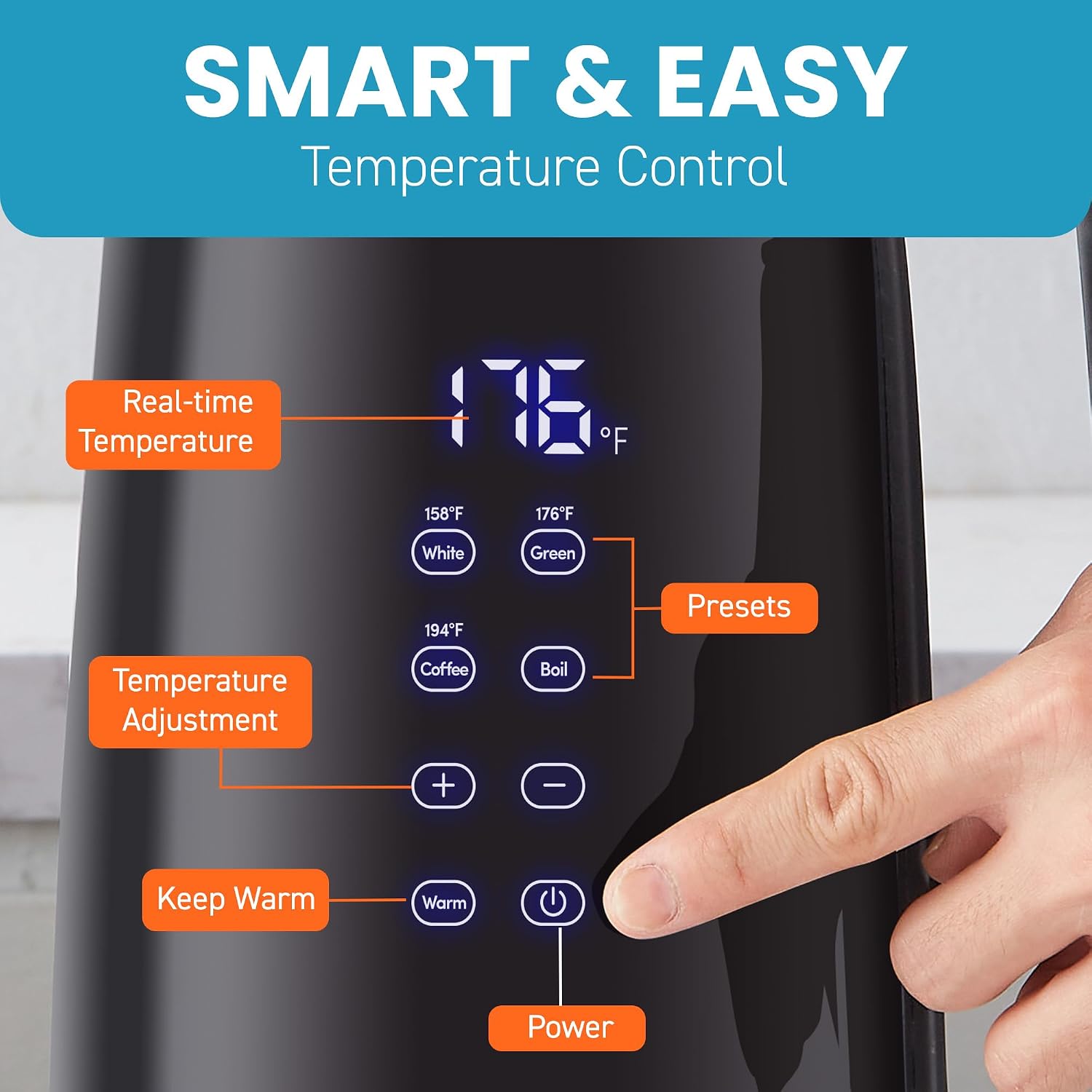 Elite Gourmet 1.7L Dual-Wall Cool-Touch Tea Kettle, Touchscreen, Black - Image 6