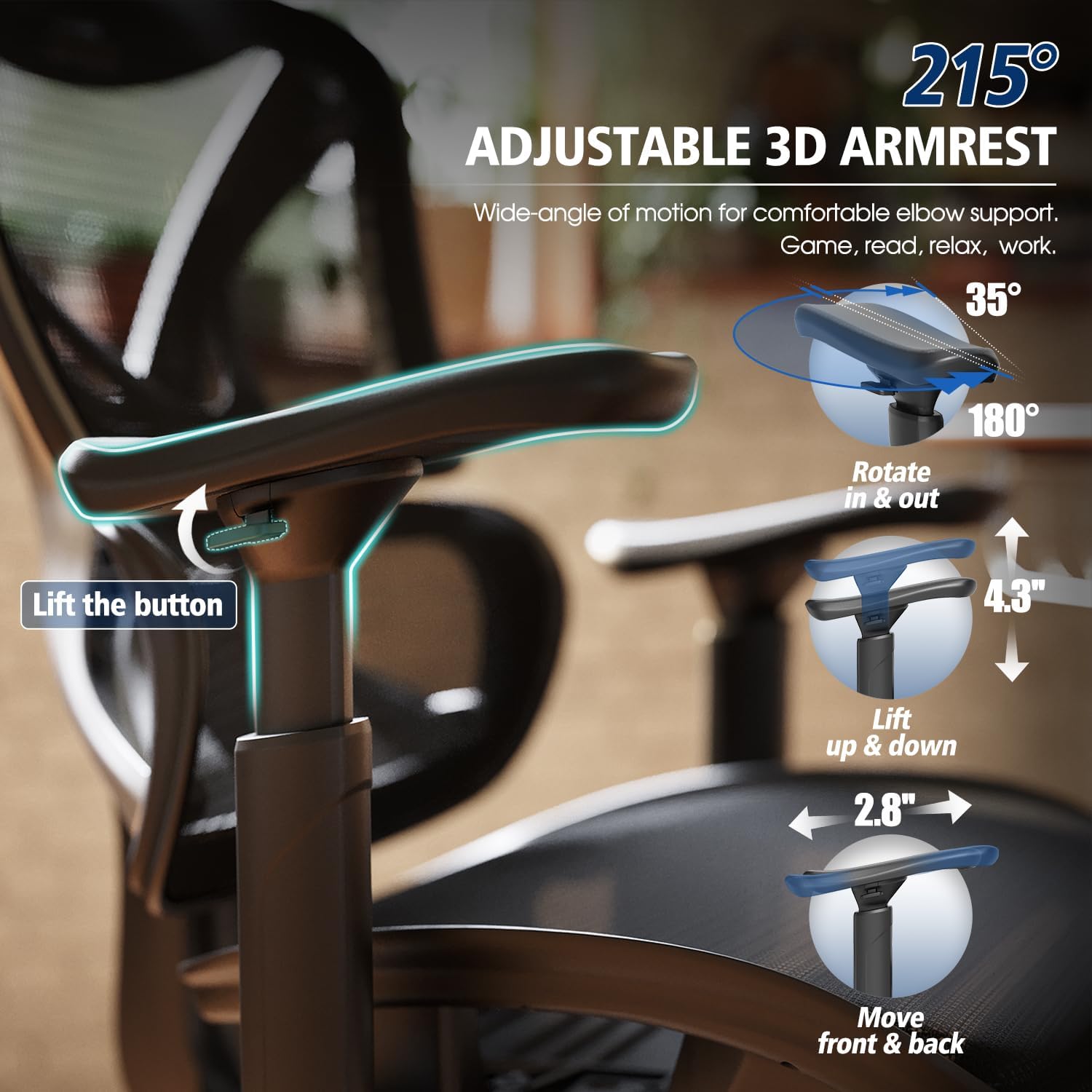 GABRYLLY Ergonomic Office Chair, Big and Tall Mesh Chair with Lumbar Support, 3D armrest - 215° Rotation, Adjustable Headrest & Soft Seat, Durable Computer Chair 350LBS for Work Gaming - Image 6