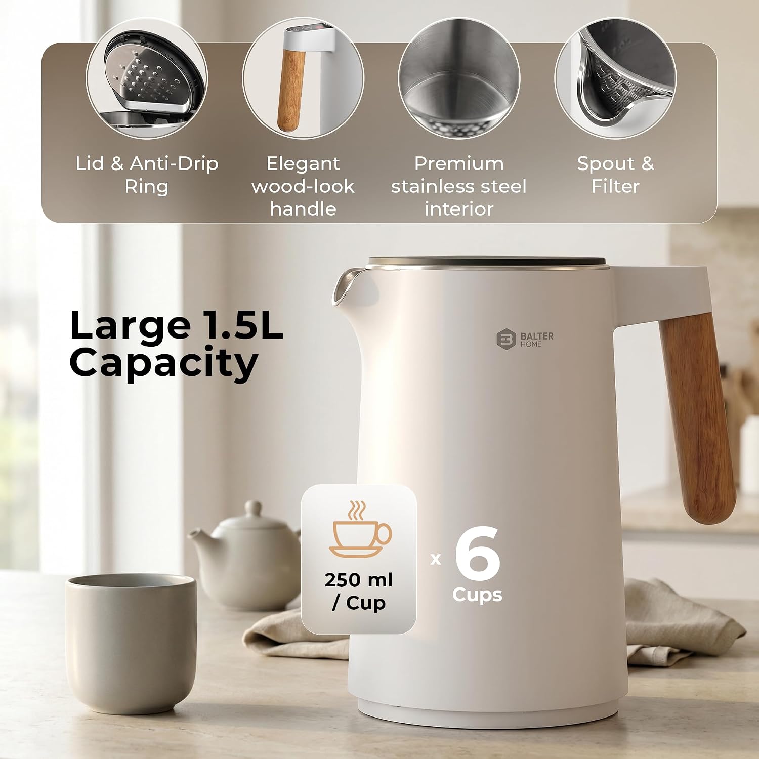 BALTER Electric Kettle with Temperature control, 113 °F – 212 °F, Tea pot, Stainless steel, double wall water kettle, BPA-free, quiet tea kettle, 1.5 L, 2200 W, White - Image 8