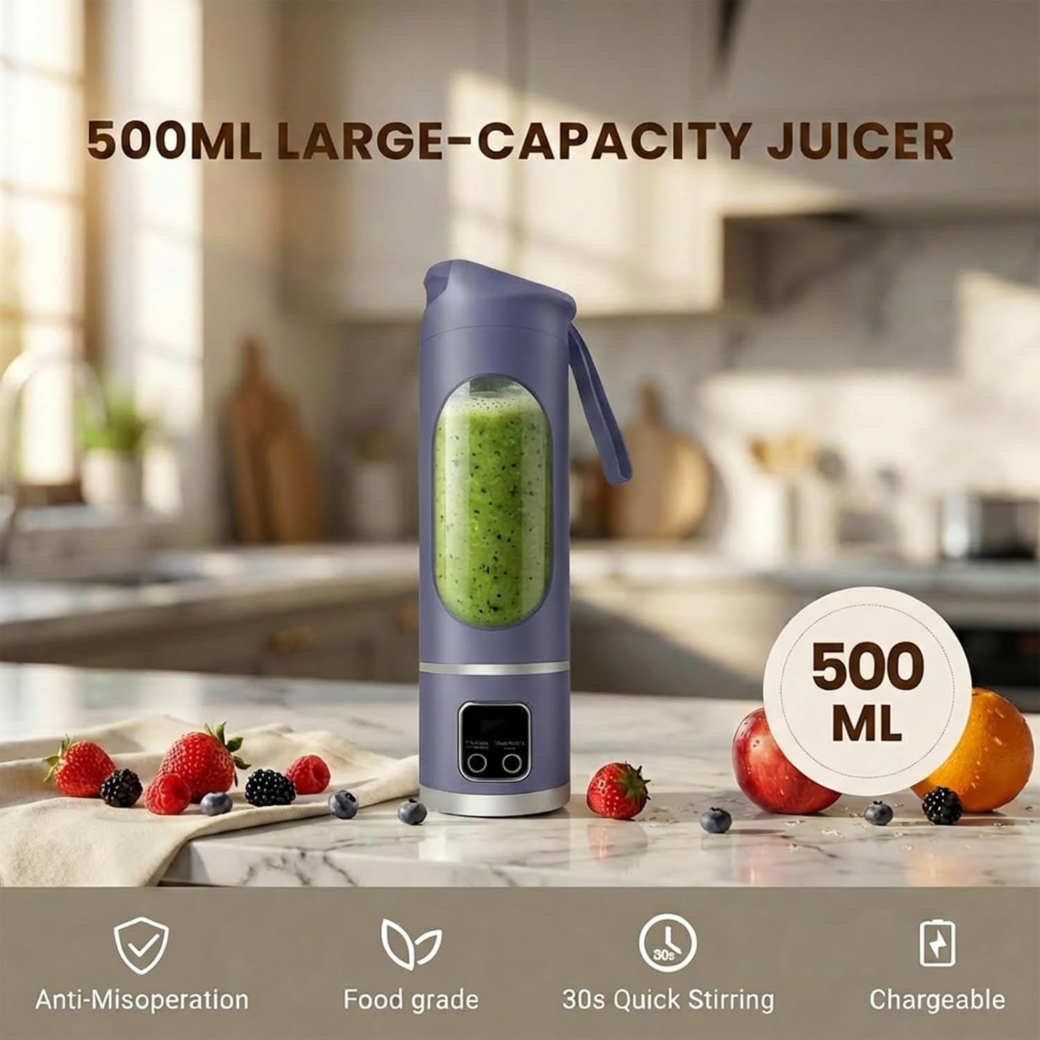 Lilogi 500ML Portable Smoothie Maker Cup with 12-Blade USB-C Juicer (Purple) - Image 2