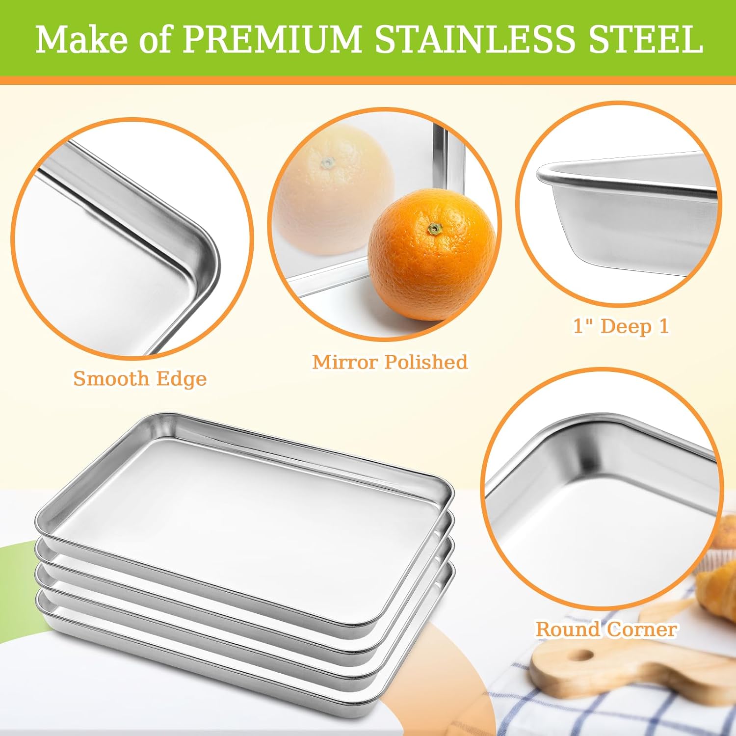 CEKEE 4 Pack Baking Pans Set, Nonstick Stainless Steel Cookie Sheets for Baking, Heavy Duty & Dishwasher Safe Sheet Pan-10x7x1in Small Cookie Pans, Cookie Pans Trays Sheets For Kitchen & Restaurant - Image 3