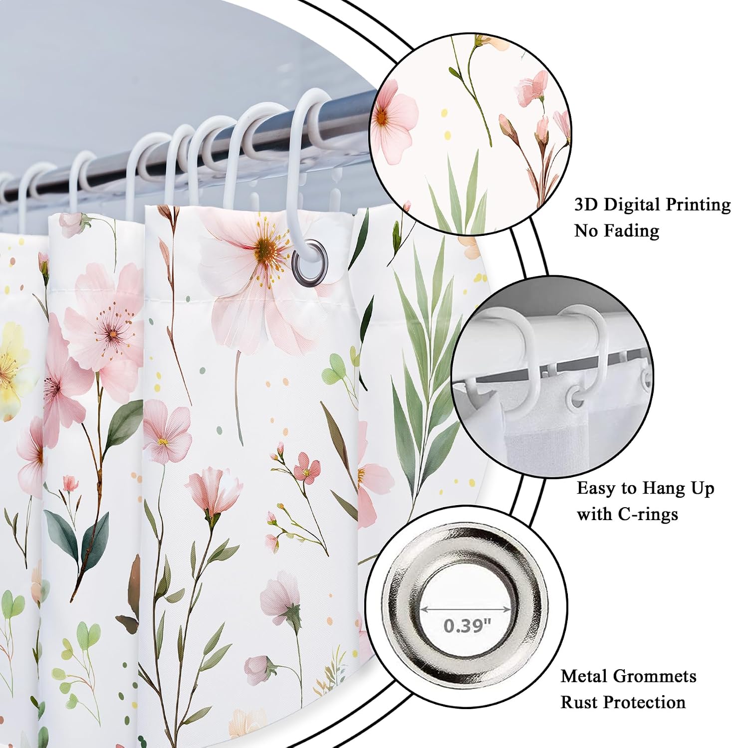 Pink Floral Flower Leaves Spring Botanical Bathroom Shower Curtain Set - Image 6