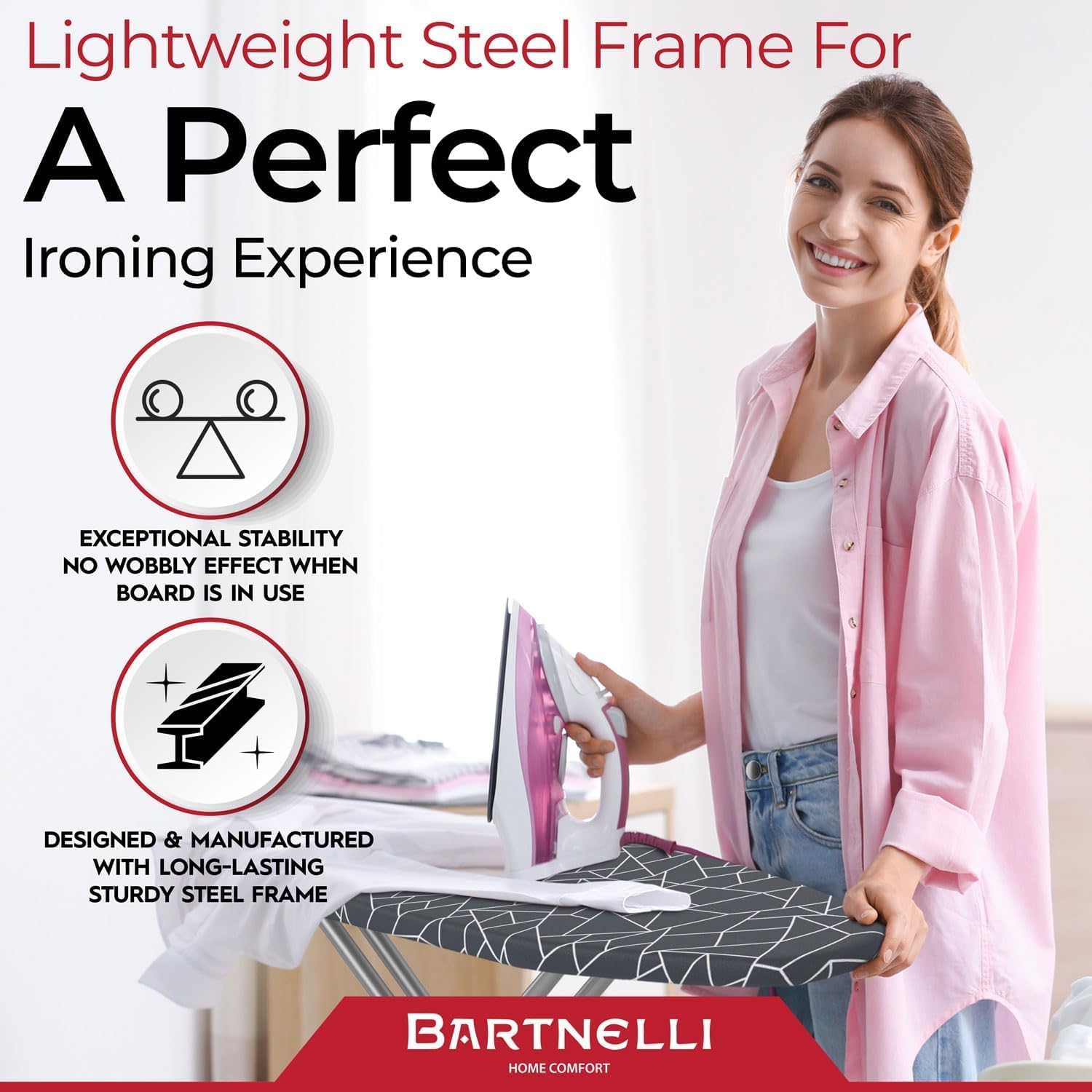 Bartnelli Compact Ironing Board, 13x43 Space-Saving Steel Foldable Iron Board, 4 Layer Cotton Cover, Adjustable Height, Bonus Hanger and Silicone Iron Pad - Image 7