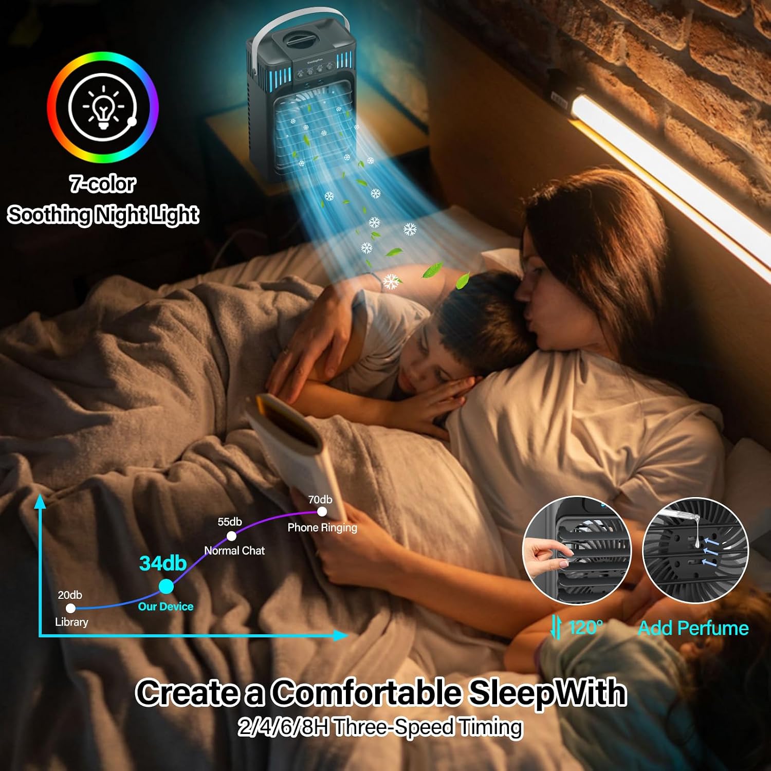 Portable air conditioners with remote control, silent with 3 speeds, cooling fan of 1200 ml Personal Air Cooler Fan with 3 Mist, 7 Night Light, 8H Timer, Small Air Conditioner for Bedroom Office - Image 5