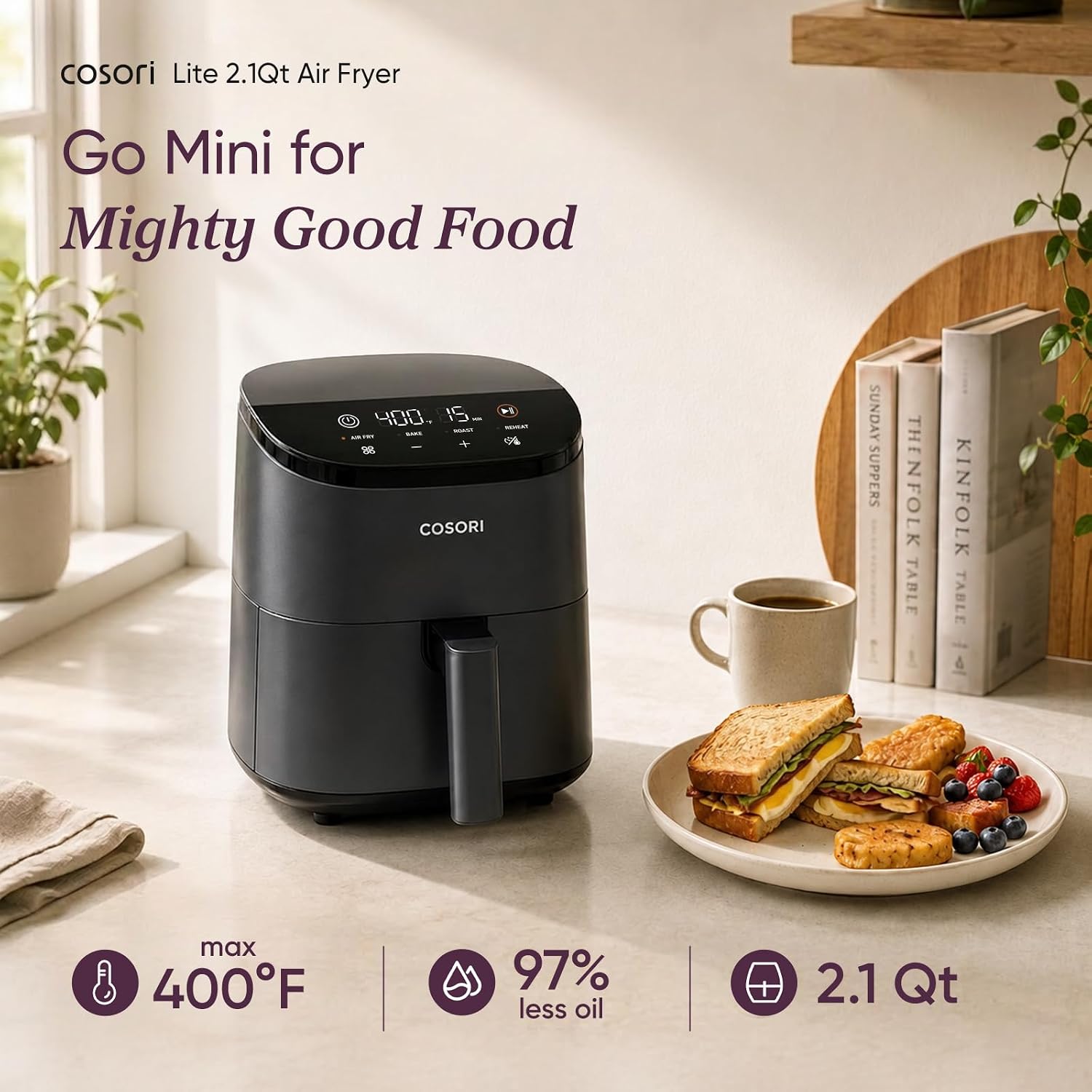 Cosori Lite 2.1 Qt Small Air Fryer, Max 400°F, 4-in-1, 97% less oil, Gray - Image 3