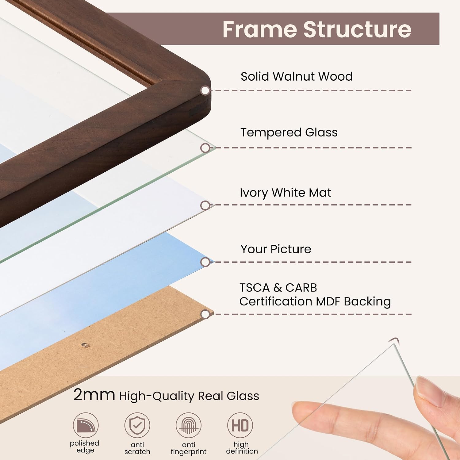 FLYJOE 12x16 Picture Frame - Solid Walnut Wood 12''x16'' Poster Frame, 12x16 Picture Frame With Mat For 8.5x11, Tempered Glass and Hanging Hardware Included, 16 By 12 Frame Wood, Natural Walnut - Image 5