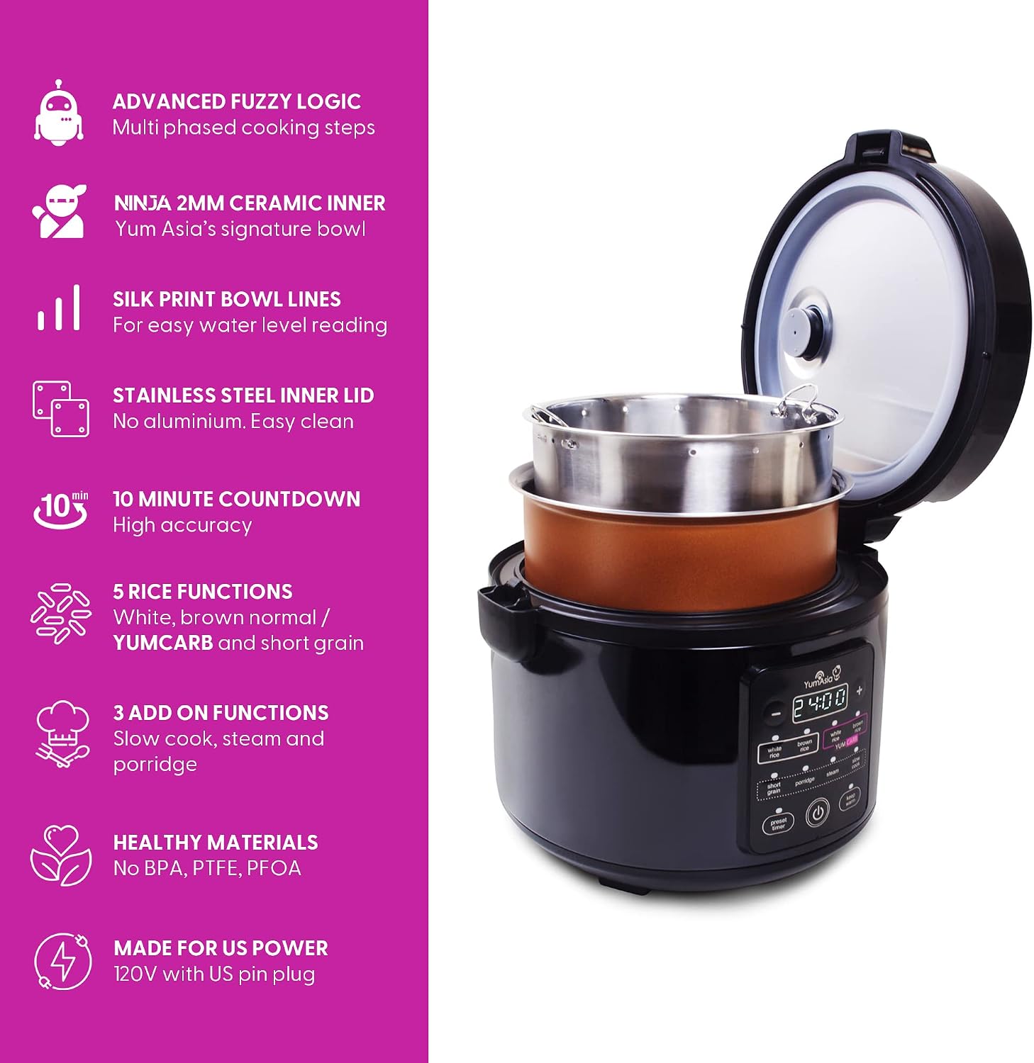 Yum Asia Kumo YumCarb Rice Cooker with Ceramic Bowl and Advanced Fuzzy Logic, (5.5 Cups, 1 Litre), 5 Rice Cooking Functions, 3 Multicooker Functions, 110V US Power (Dark Stainless Steel) - Image 5
