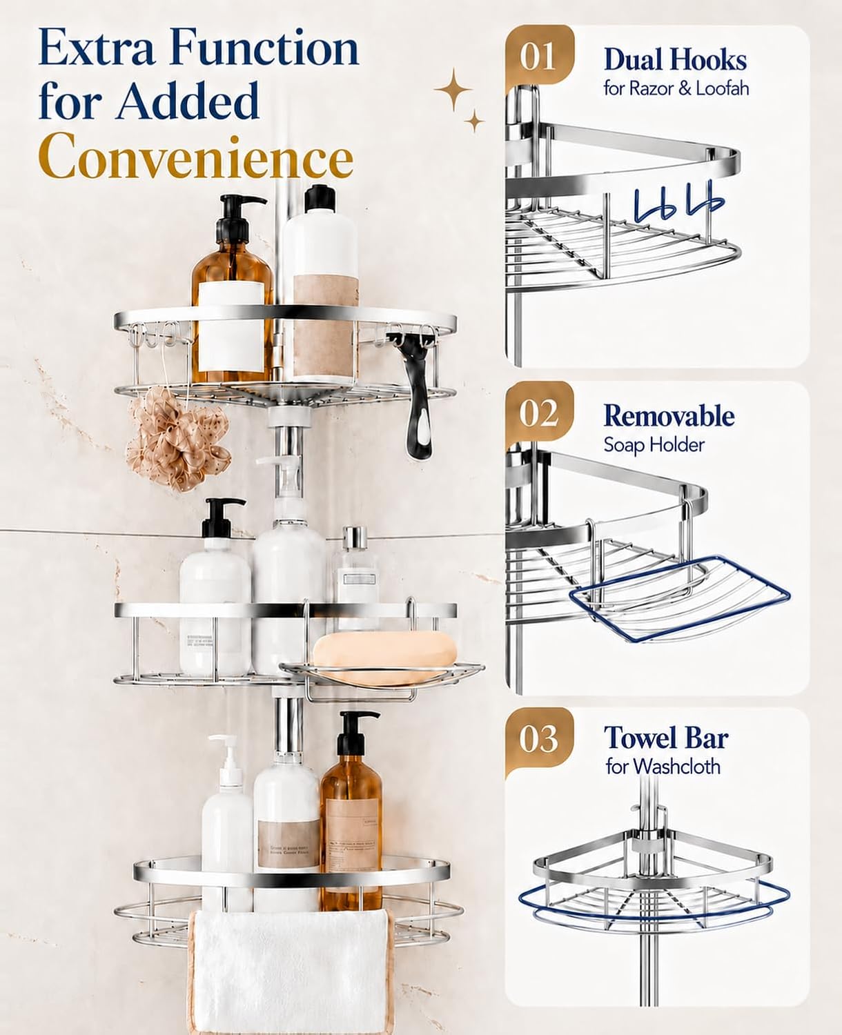SEIRIONE Rustproof Corner Shower Caddy Tension Pole for Bathroom Organizers - Image 7
